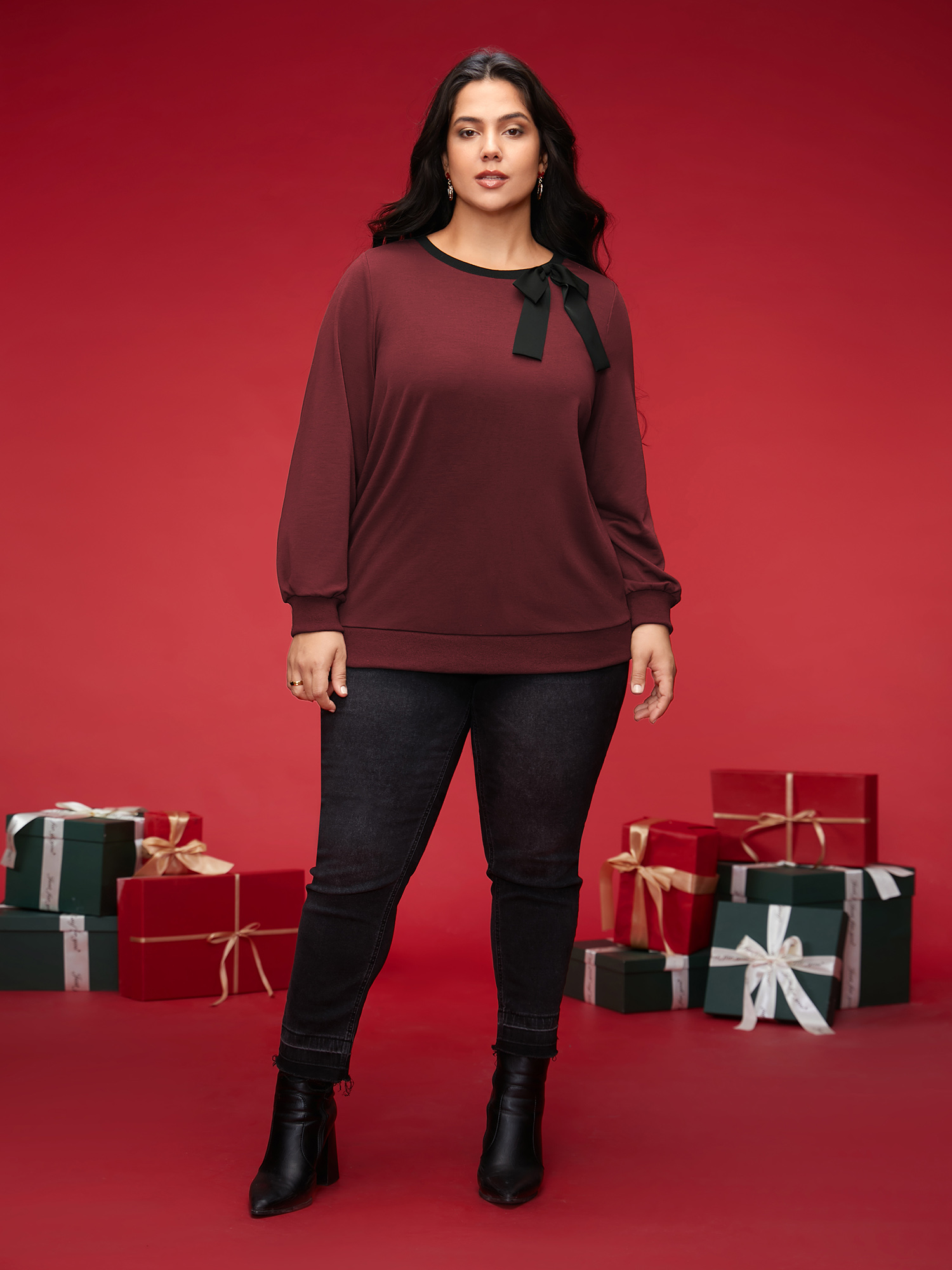 Plus Size Bow-tie Detailing High Neck Sweatshirt Women Burgundy Casual Contrast Round Neck Everyday Sweatshirts BloomChic 18-20/2X 