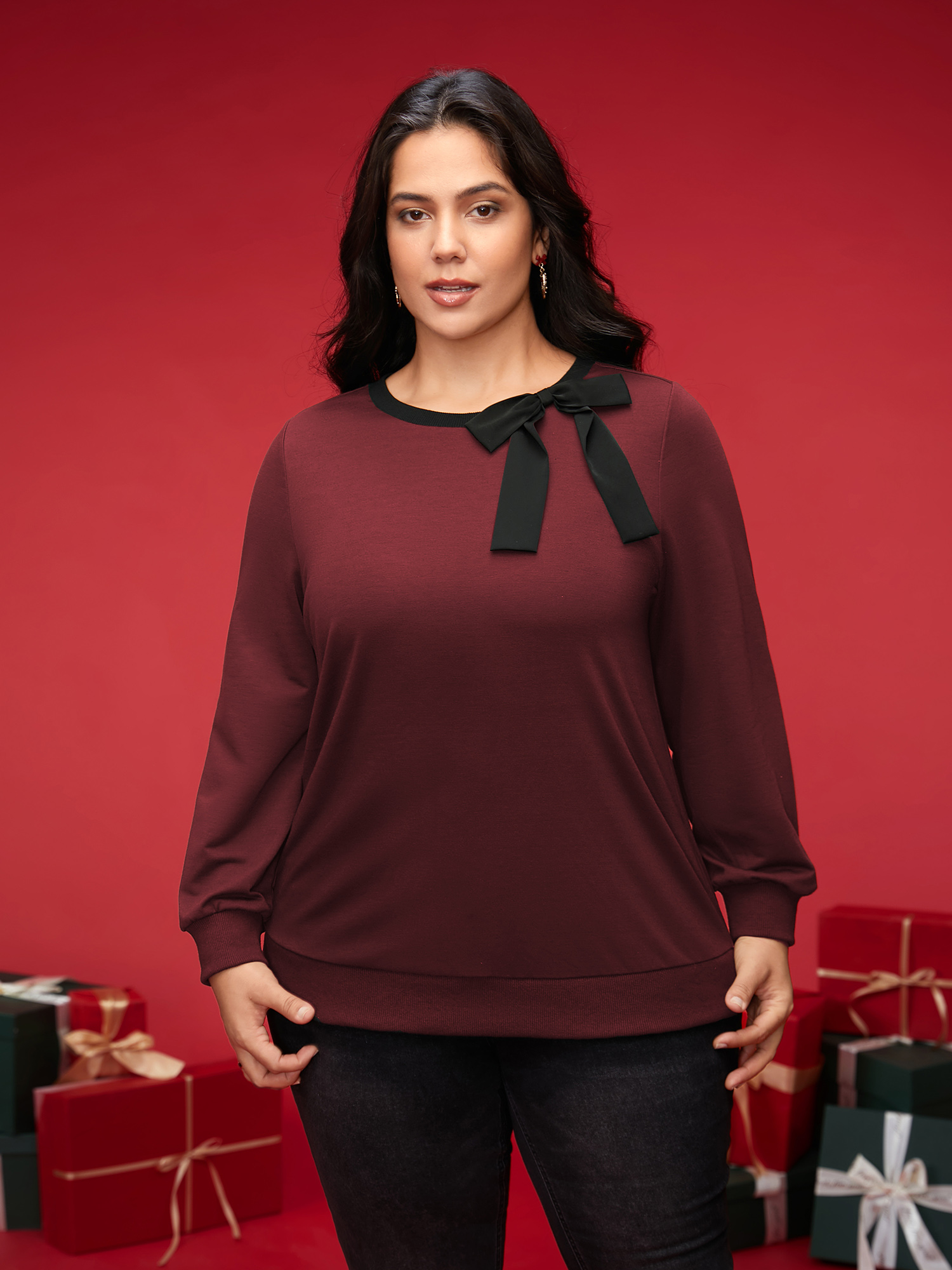 Plus Size Bow-tie Detailing High Neck Sweatshirt Women Burgundy Casual Contrast Round Neck Everyday Sweatshirts BloomChic 18-20/2X 