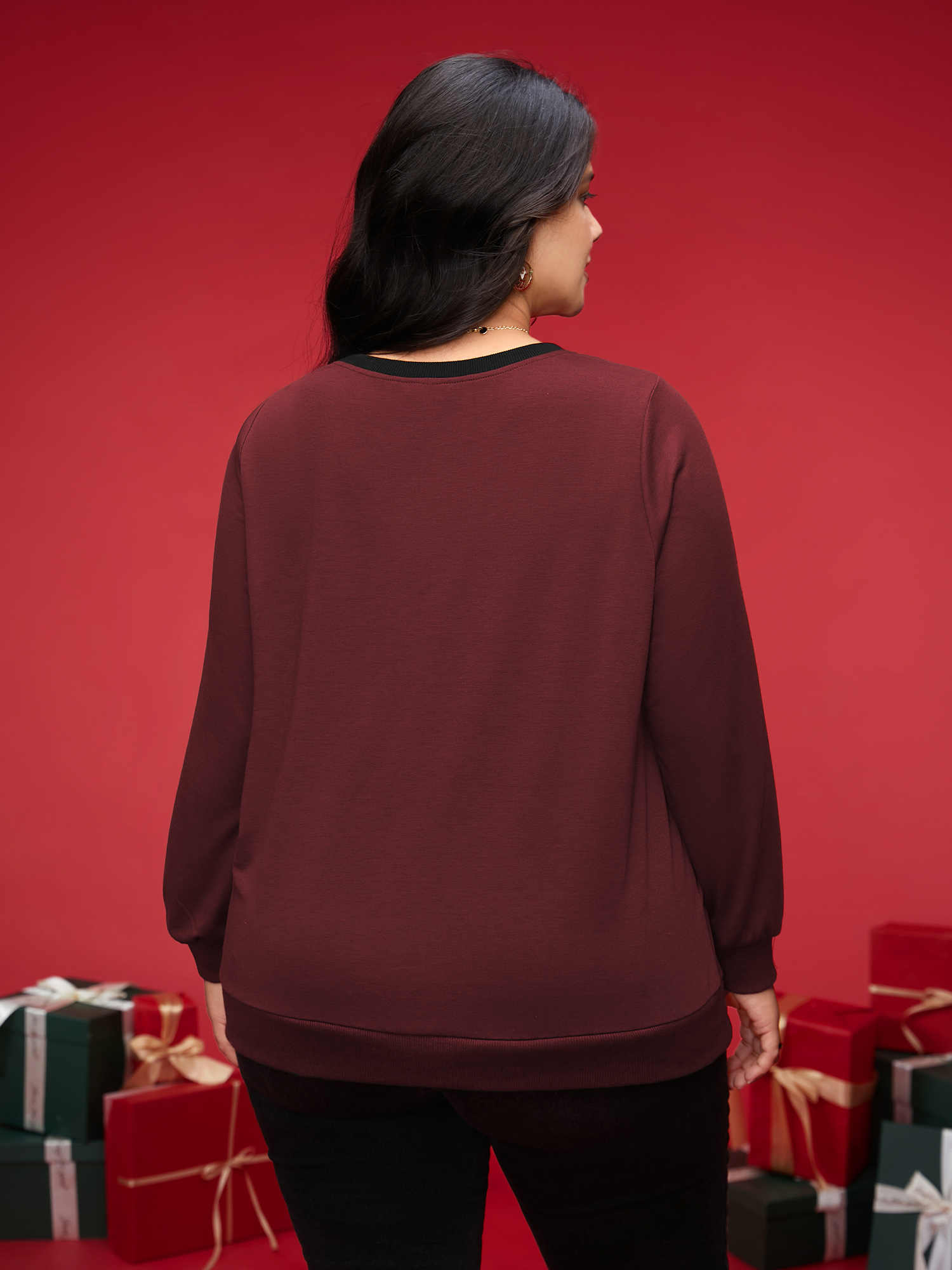 Plus Size Bow-tie Detailing High Neck Sweatshirt Women Burgundy Casual Contrast Round Neck Everyday Sweatshirts BloomChic 18-20/2X 