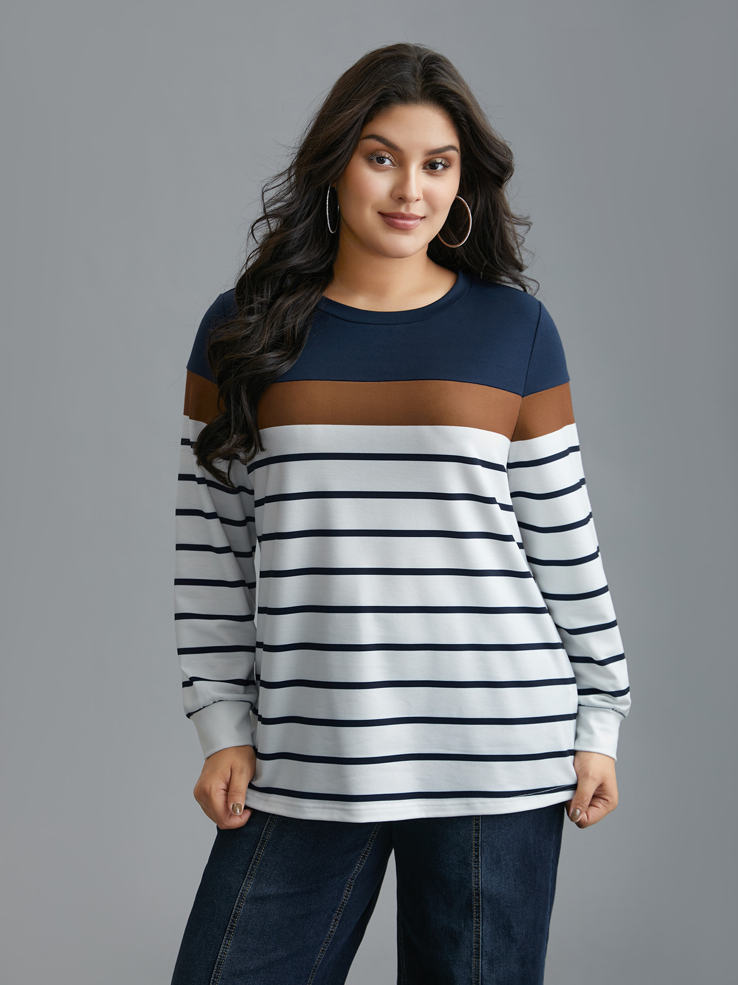 

Plus Size Striped Contrast Round Neck Sweatshirt Women Midnight Casual Contrast Loose Round Neck Everyday Sweatshirts BloomChic