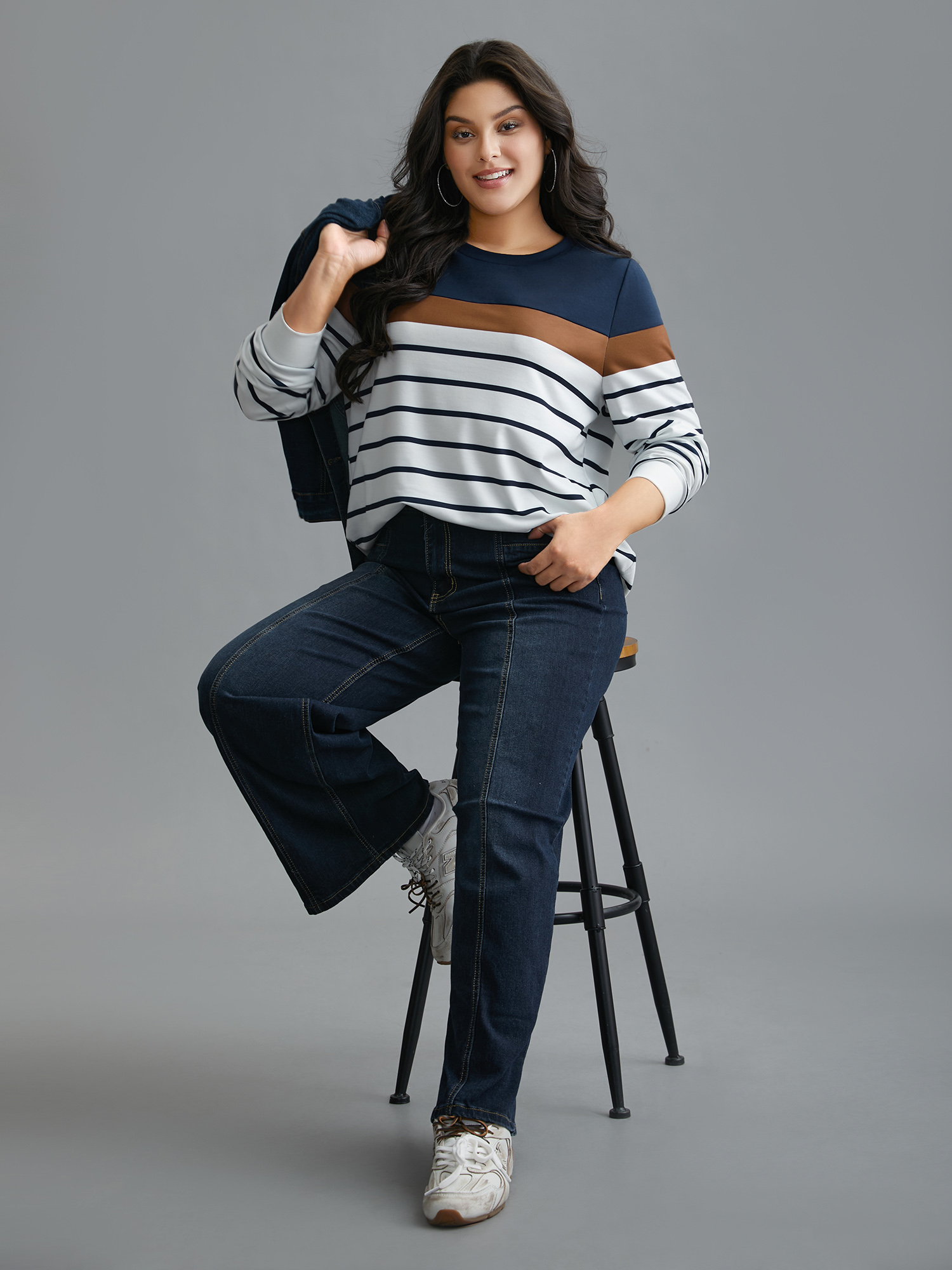 Plus Size Striped Contrast Round Neck Sweatshirt Women Midnight Casual Contrast Loose Round Neck Everyday Sweatshirts BloomChic 10/M 