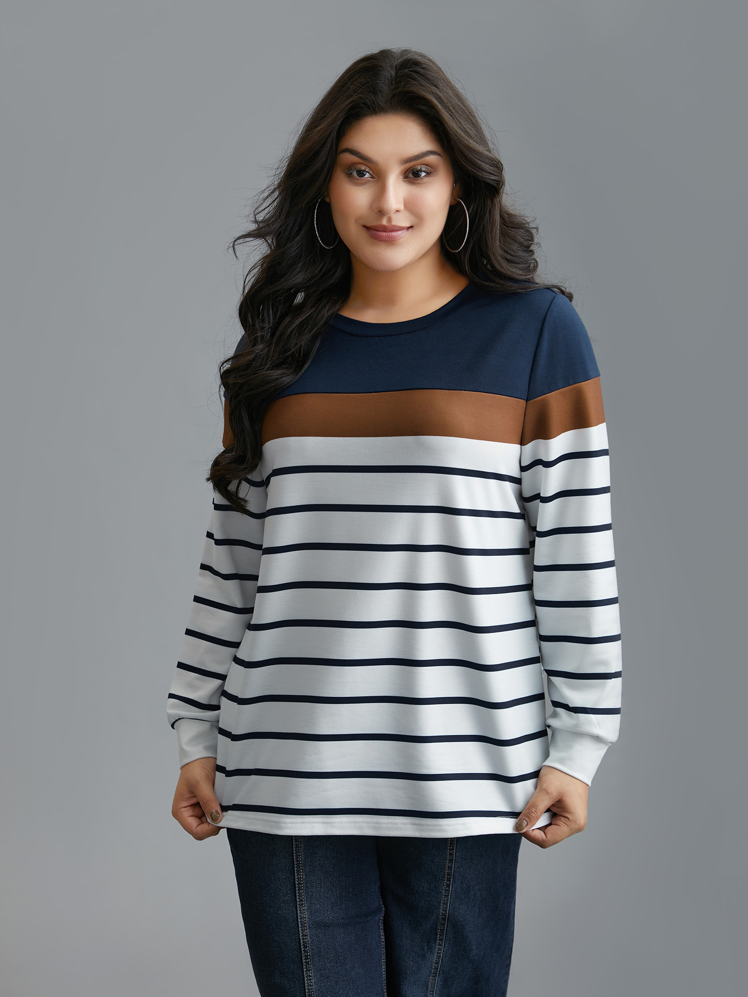 Plus Size Striped Contrast Round Neck Sweatshirt Women Midnight Casual Contrast Loose Round Neck Everyday Sweatshirts BloomChic 10/M 
