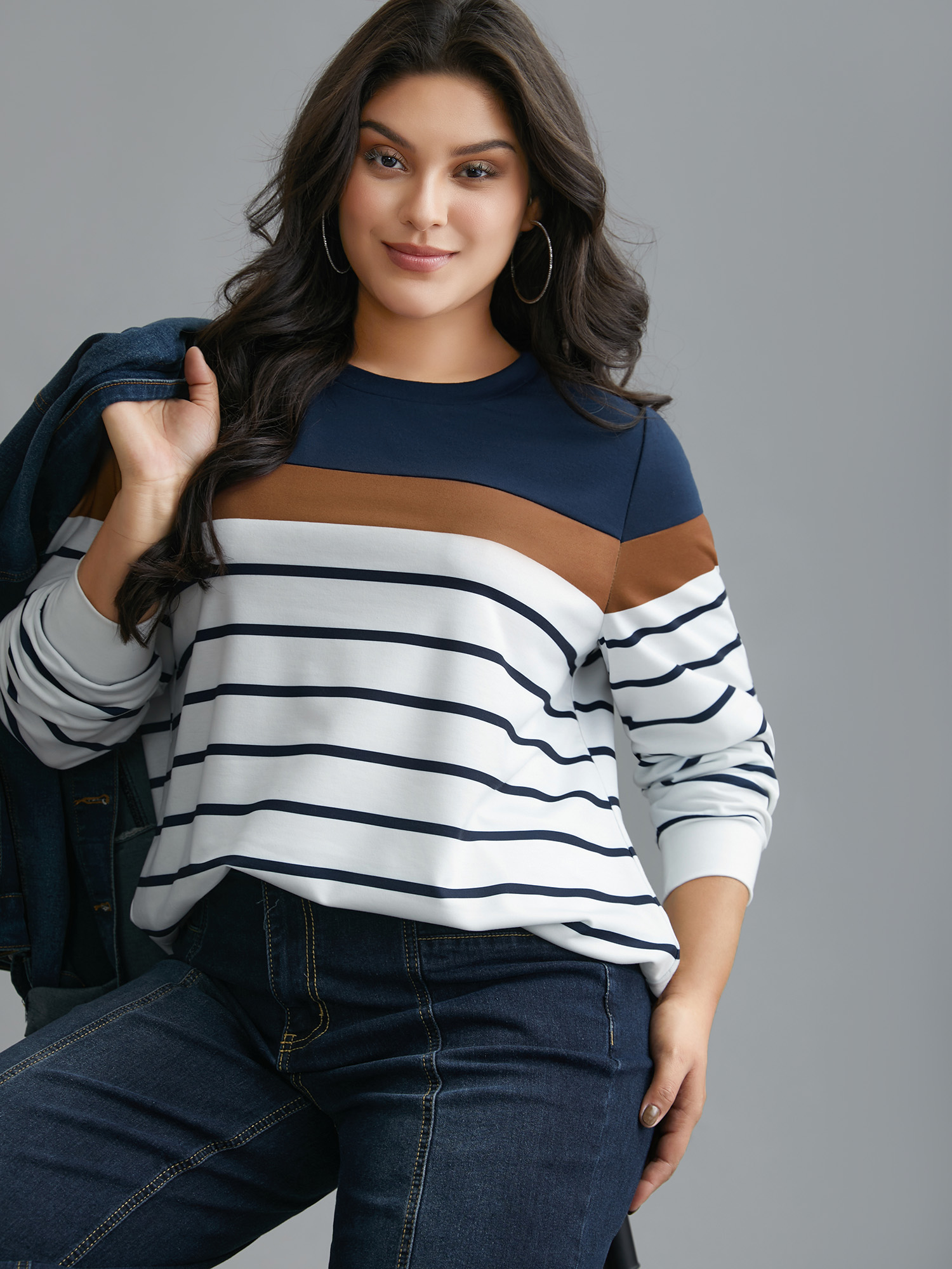Plus Size Striped Contrast Round Neck Sweatshirt Women Midnight Casual Contrast Loose Round Neck Everyday Sweatshirts BloomChic 10/M 