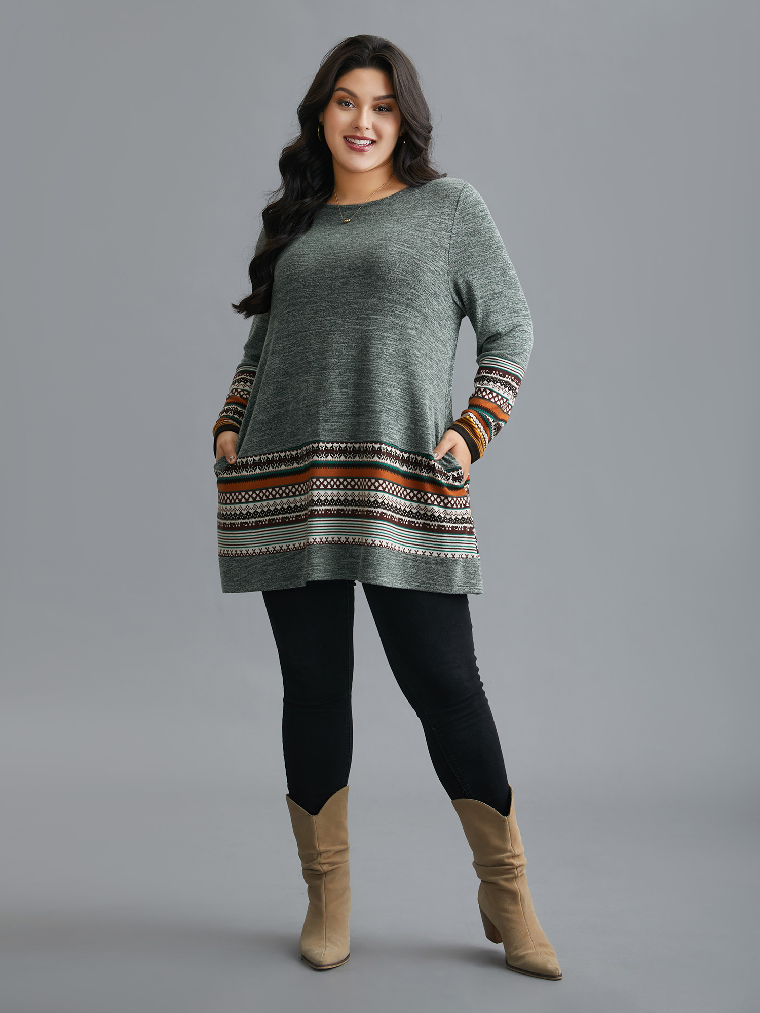 Plus Size Tunic Boho Print Pocket T-shirt Sage Women Casual Contrast Round Neck Loose Everyday T-shirts BloomChic 18-20/2X 