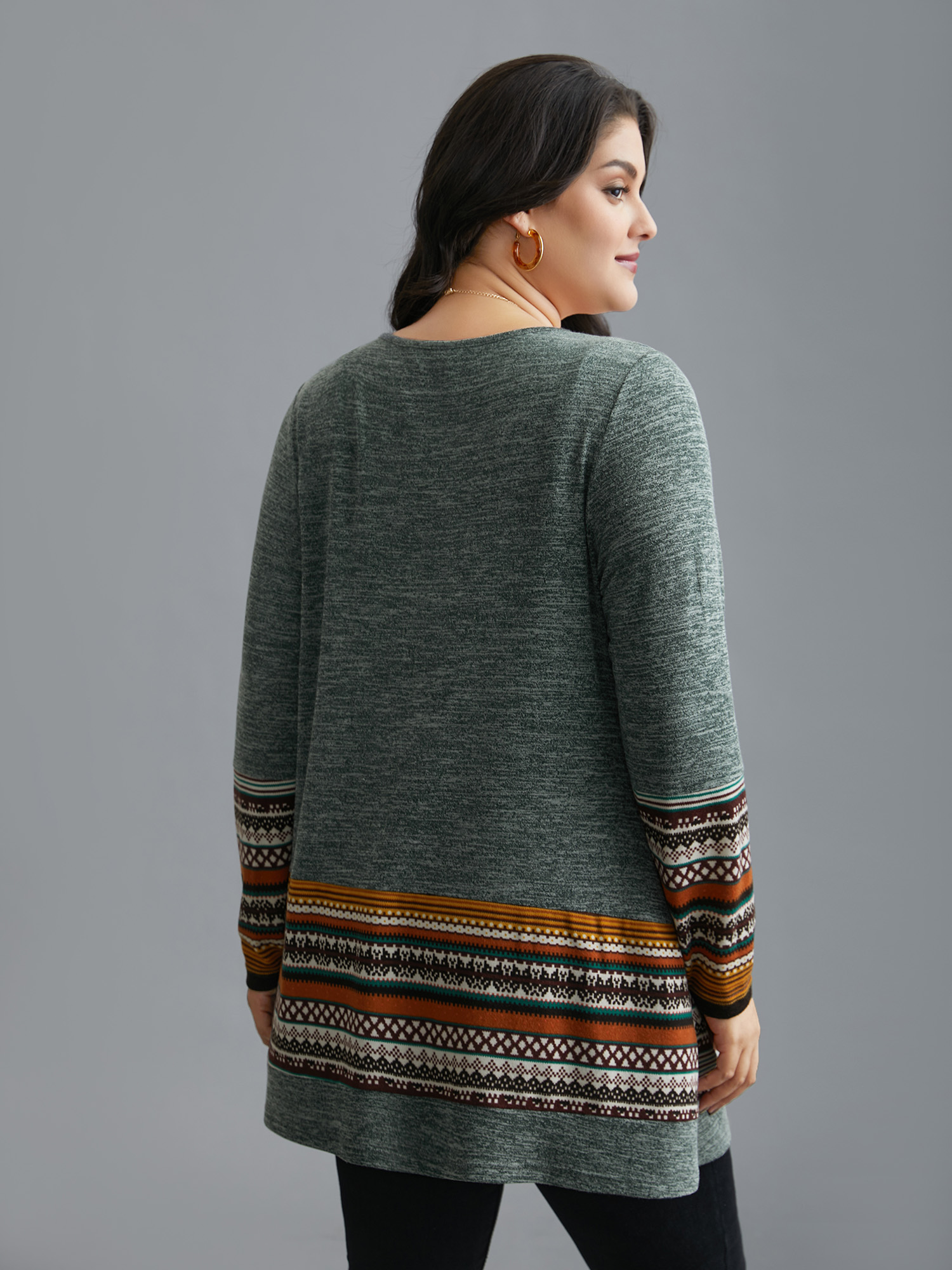 Plus Size Tunic Boho Print Pocket T-shirt Sage Women Casual Contrast Round Neck Loose Everyday T-shirts BloomChic 18-20/2X 