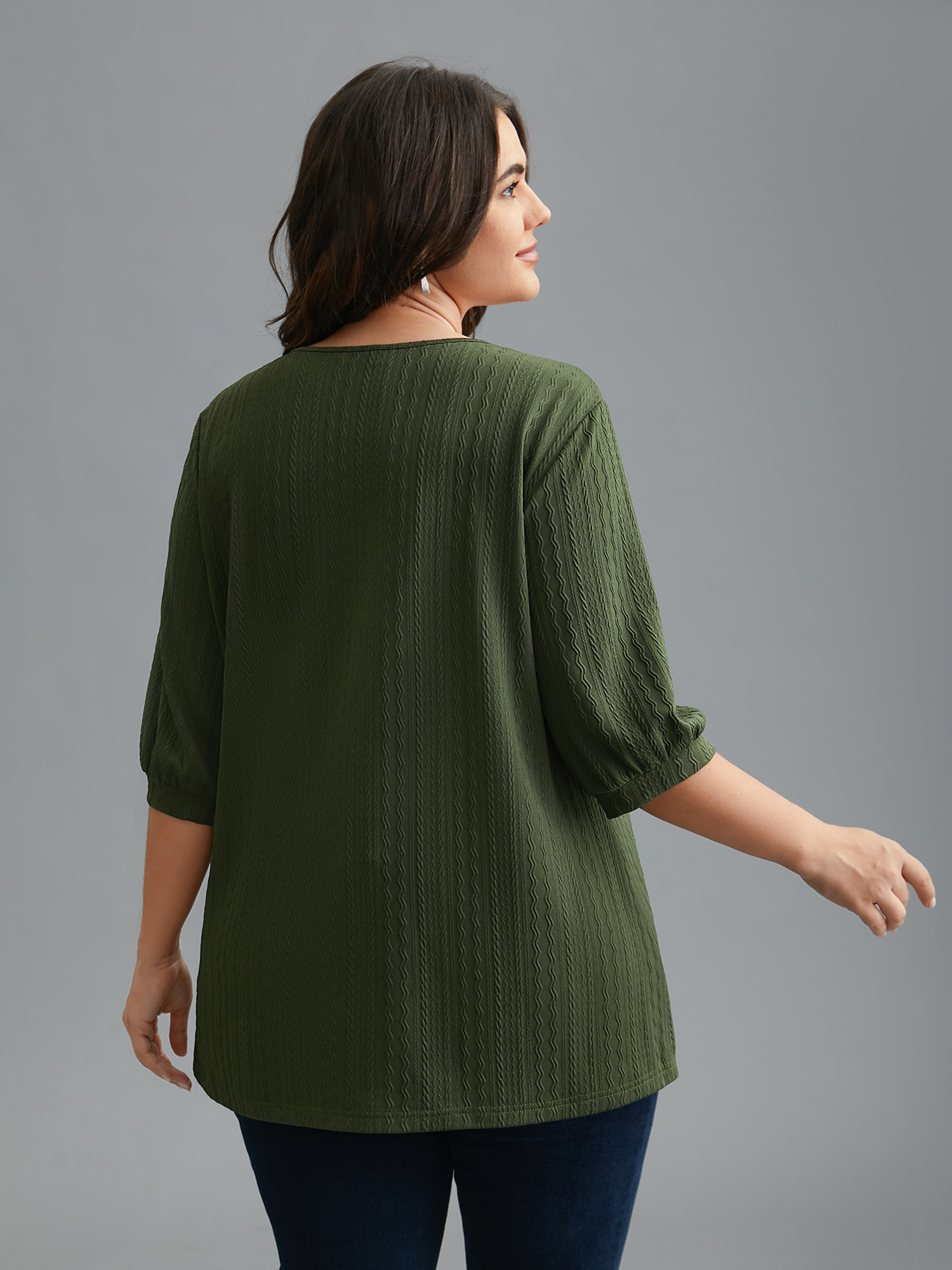 

Plus Size Plain Knit Texture Gathered Top ArmyGreen V-neck Elbow-length sleeve Elegant Jersey Tops