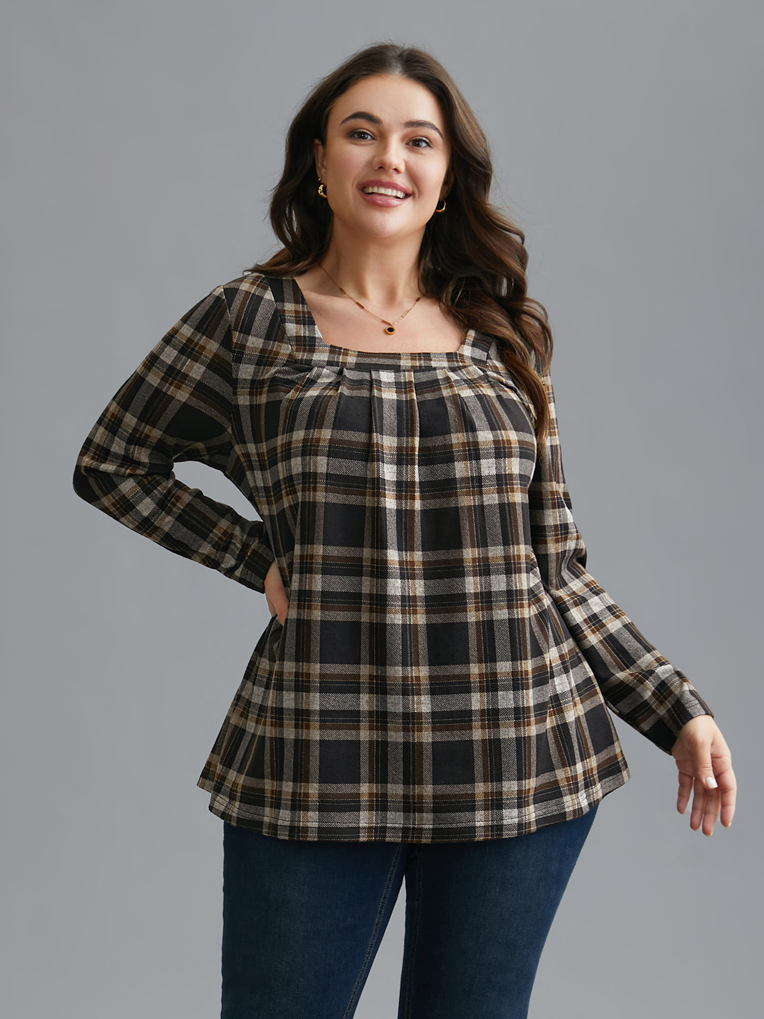 

Plus Size Plaid Pleated Square Neckline Knit Top DarkBrown Square Neck Long Sleeve Elegant Jersey Tops