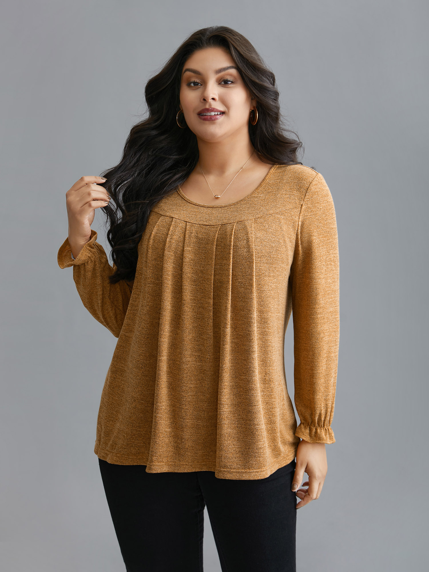 

Plus Size Round Neck Heather Pleated T-shirt Turmeric Women Elegant Pleated Round Neck Loose Everyday T-shirts BloomChic