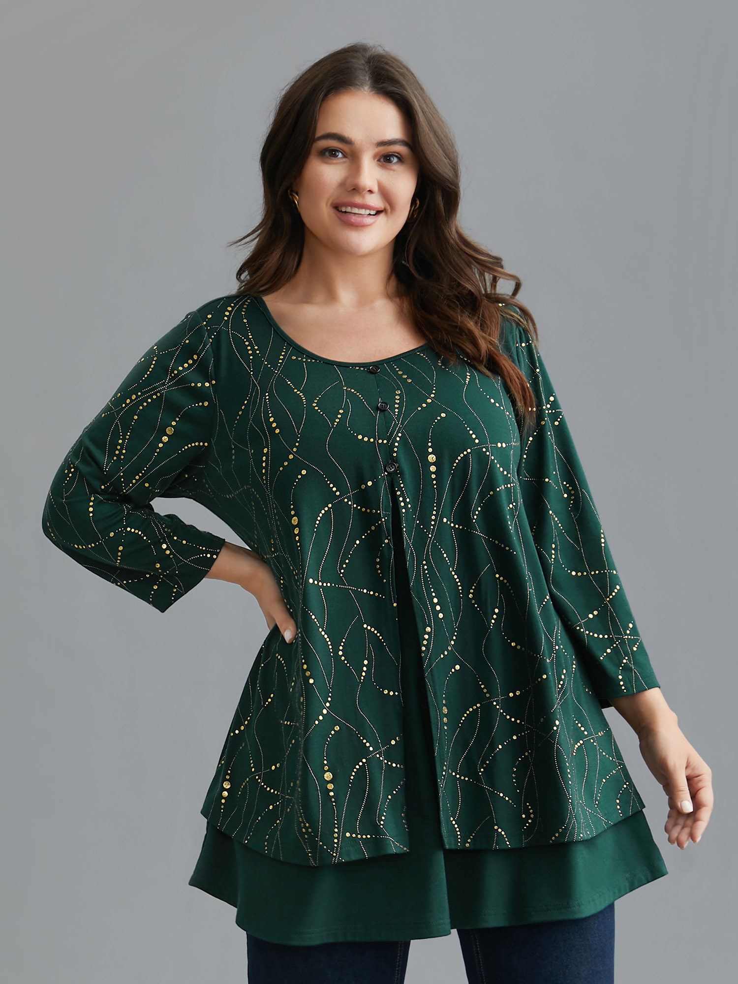 

Plus Size Glitter Irregular Hem Button Knit Shirt DarkGreen Elbow-length sleeve Round Neck Elegant Knit Tops  Bloomchic