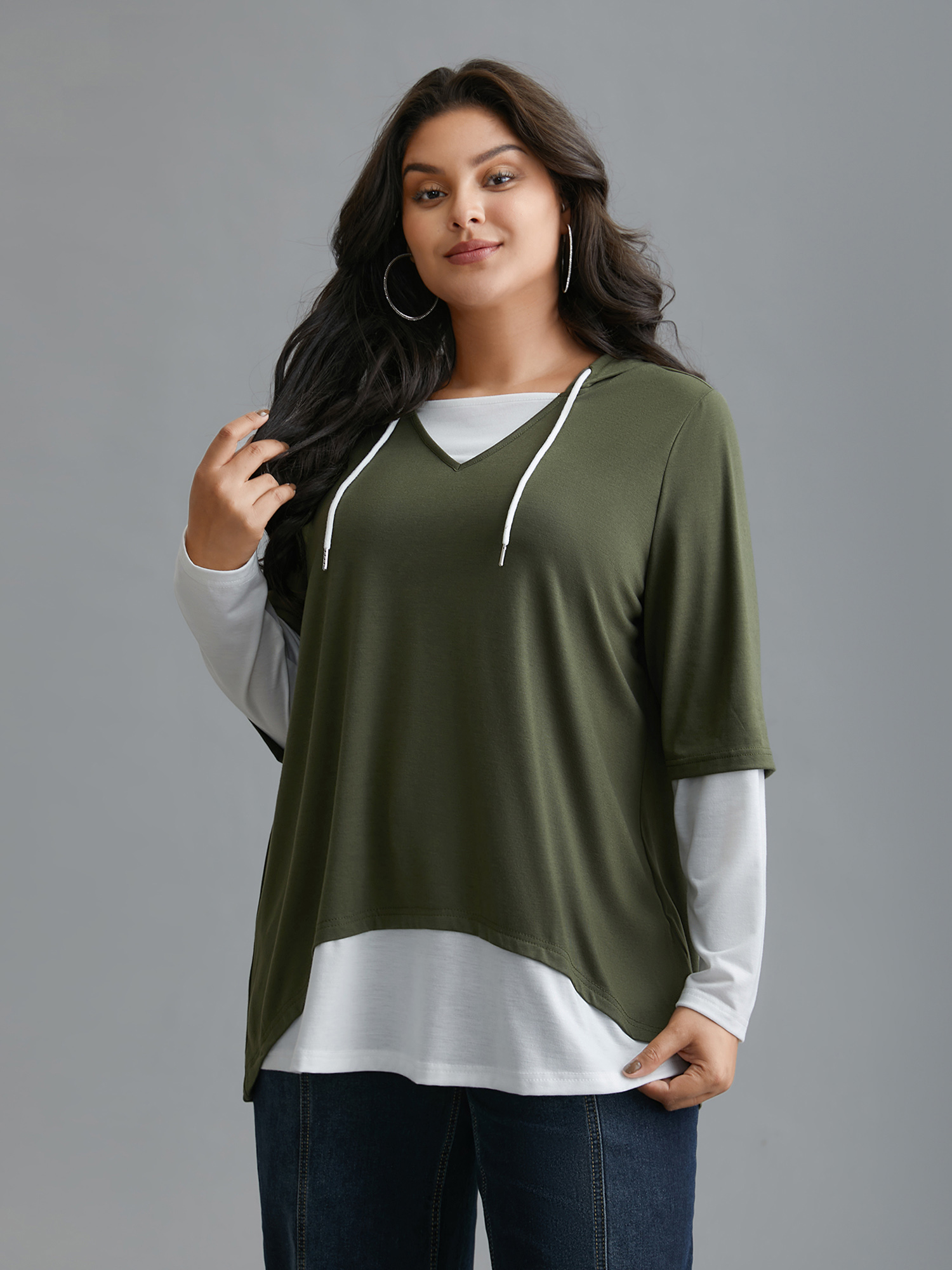 

Plus Size Color Contrast Combined Hoodie Shirt ArmyGreen Women Casual Contrast Hooded Loose Everyday T-shirts BloomChic