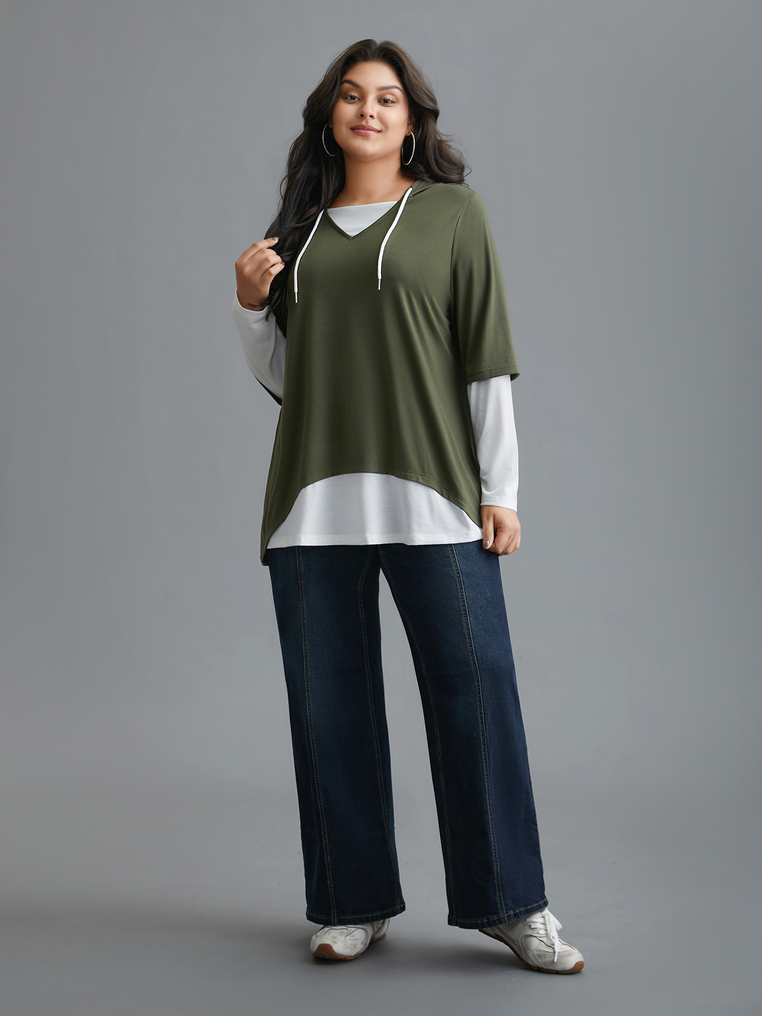 Plus Size Color Contrast Combined Hoodie Shirt ArmyGreen Women Casual Contrast Hooded Loose Everyday T-shirts BloomChic 10/M 