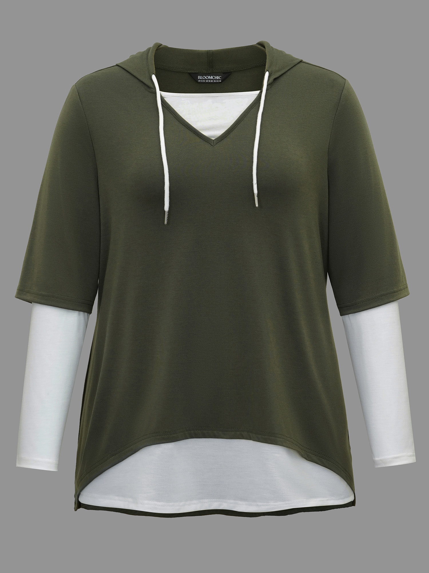 Plus Size Color Contrast Combined Hoodie Shirt ArmyGreen Women Casual Contrast Hooded Loose Everyday T-shirts BloomChic 10/M 