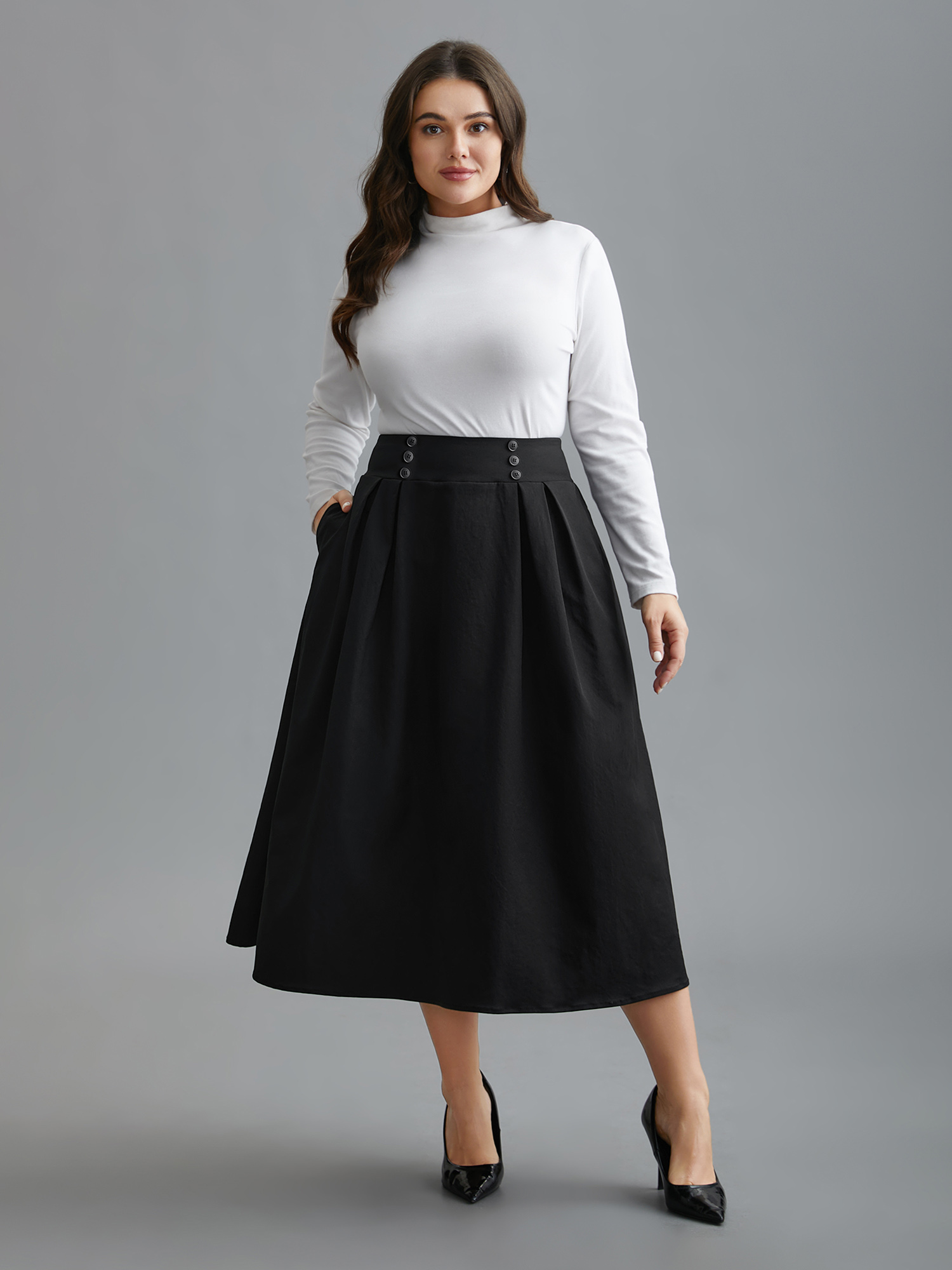 Plus Size Elastic Waist Fastener Pleated Skirt Women Black Elegant Button Low stretch Slanted pocket Everyday Skirts BloomChic 18-20/2X 