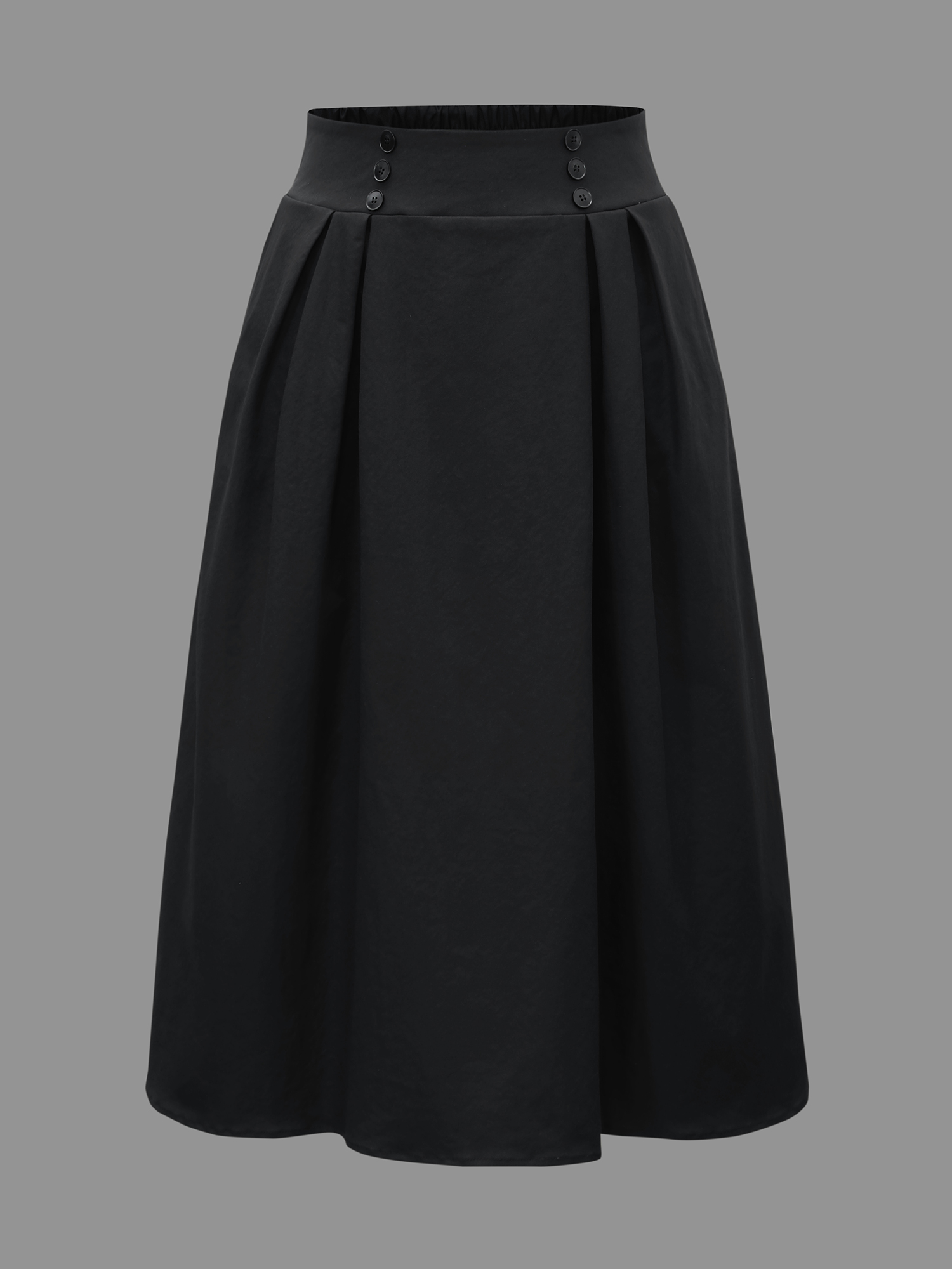 Plus Size Elastic Waist Fastener Pleated Skirt Women Black Elegant Button Low stretch Slanted pocket Everyday Skirts BloomChic 18-20/2X 