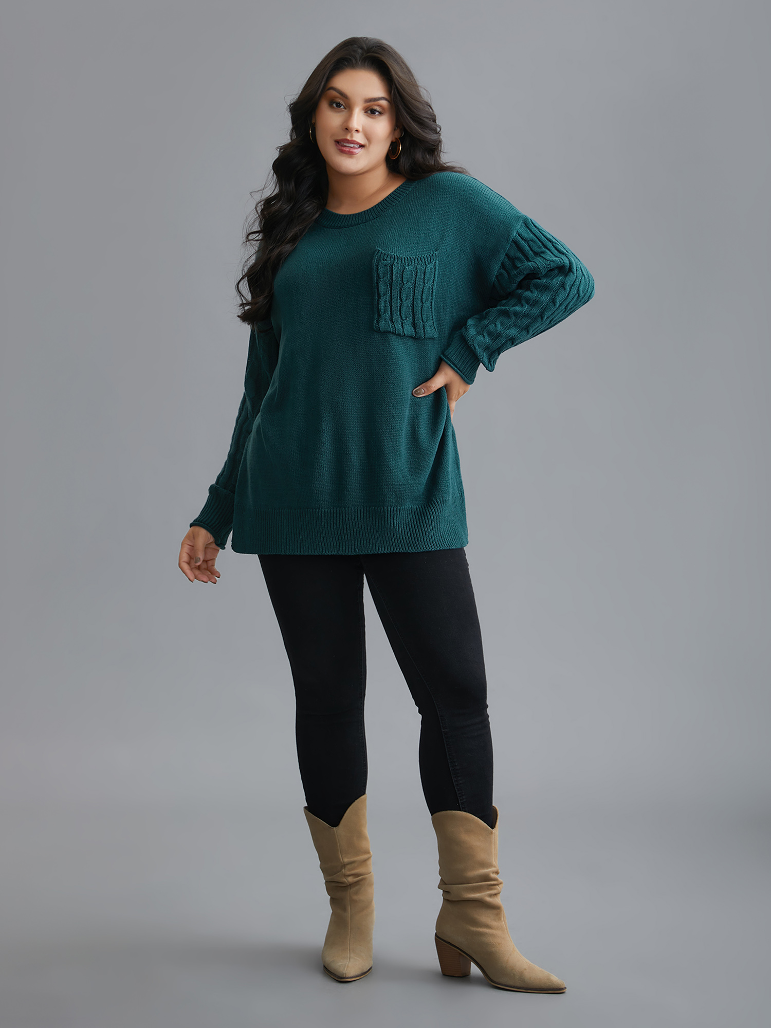 

Plus Size Cable Knit Sleeve Chest Pocket Pullover Cyan Women Casual Loose Long Sleeve Round Neck Everyday Pullovers BloomChic