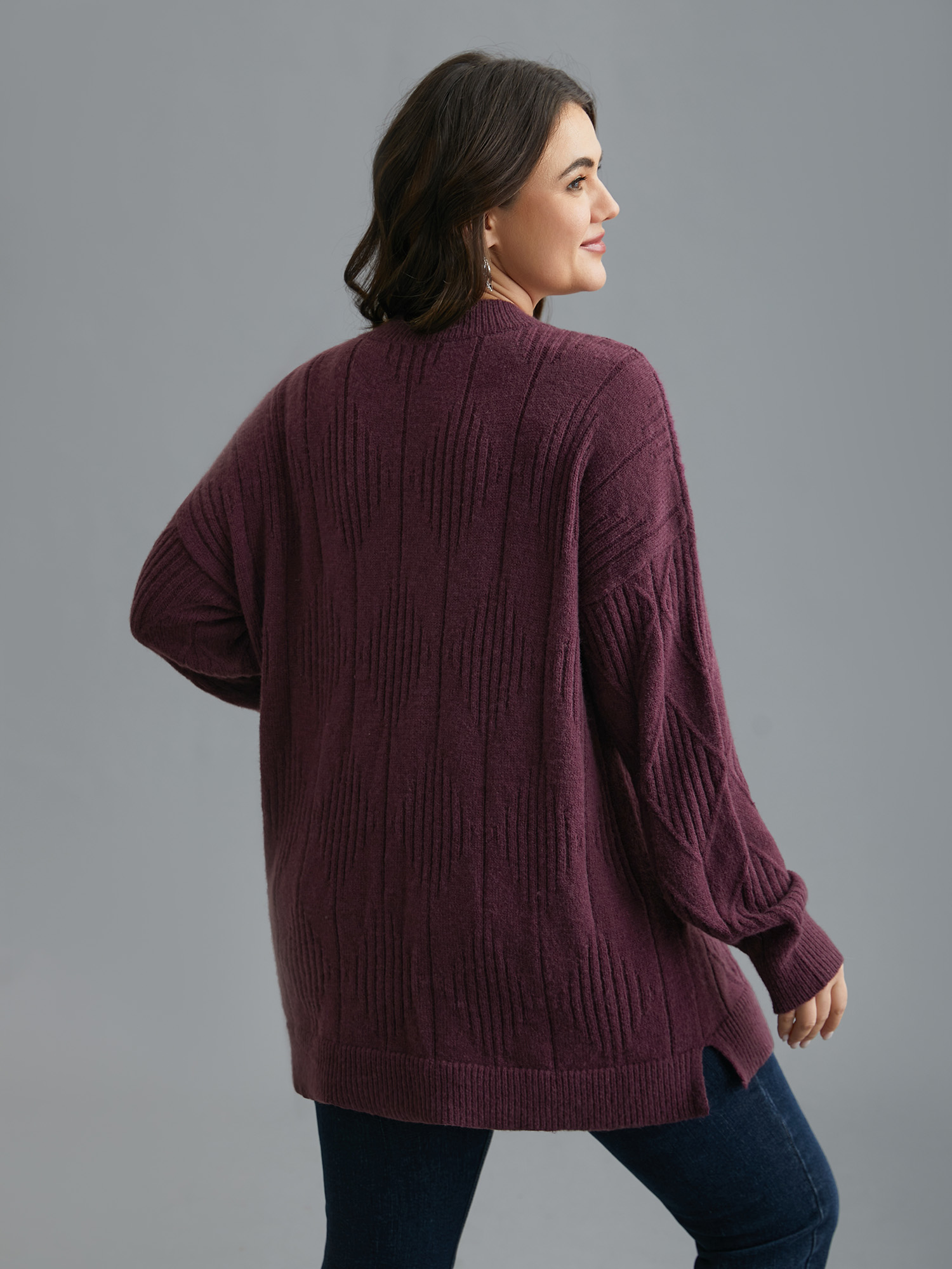 

Plus Size Cable Knit Turtleneck Split Hem Pullover Plum Women Casual Loose Long Sleeve Turtleneck Everyday Pullovers BloomChic