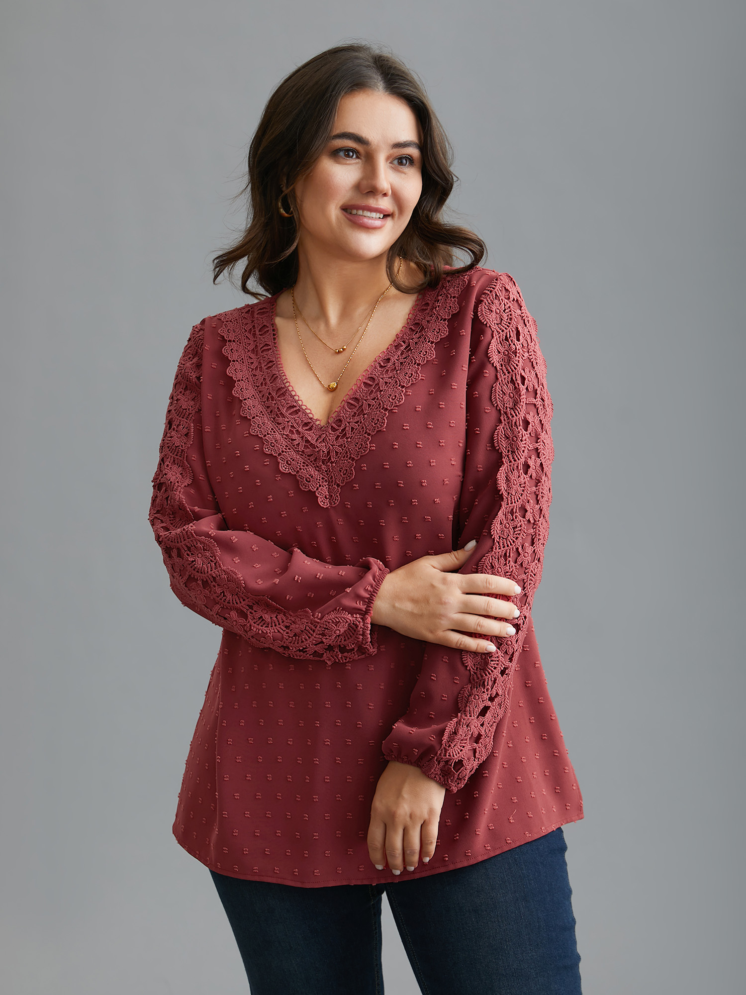 

Plus Size Russet Lace Trim V-Neck Textured Blouse Women Elegant Long Sleeve V-neck Everyday Blouses BloomChic