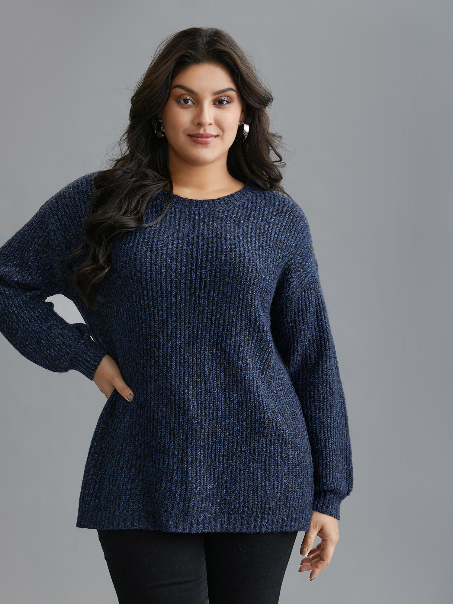 

Plus Size Back Cut-Out Textured Drop Shoulder Sleeve Pullover Indigo Women Casual Loose Long Sleeve Round Neck Everyday Pullovers BloomChic