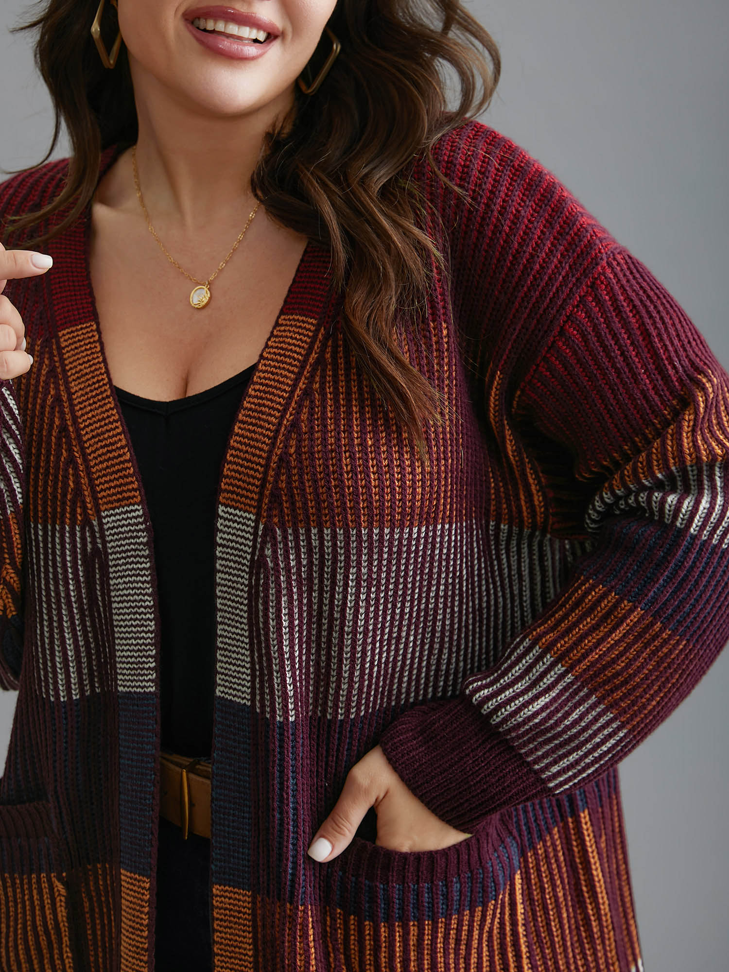 Plus Size Front-Open Color Block Knit Cardigan Multicolor Women Casual Loose Long Sleeve Everyday Cardigans BloomChic 30/6X 