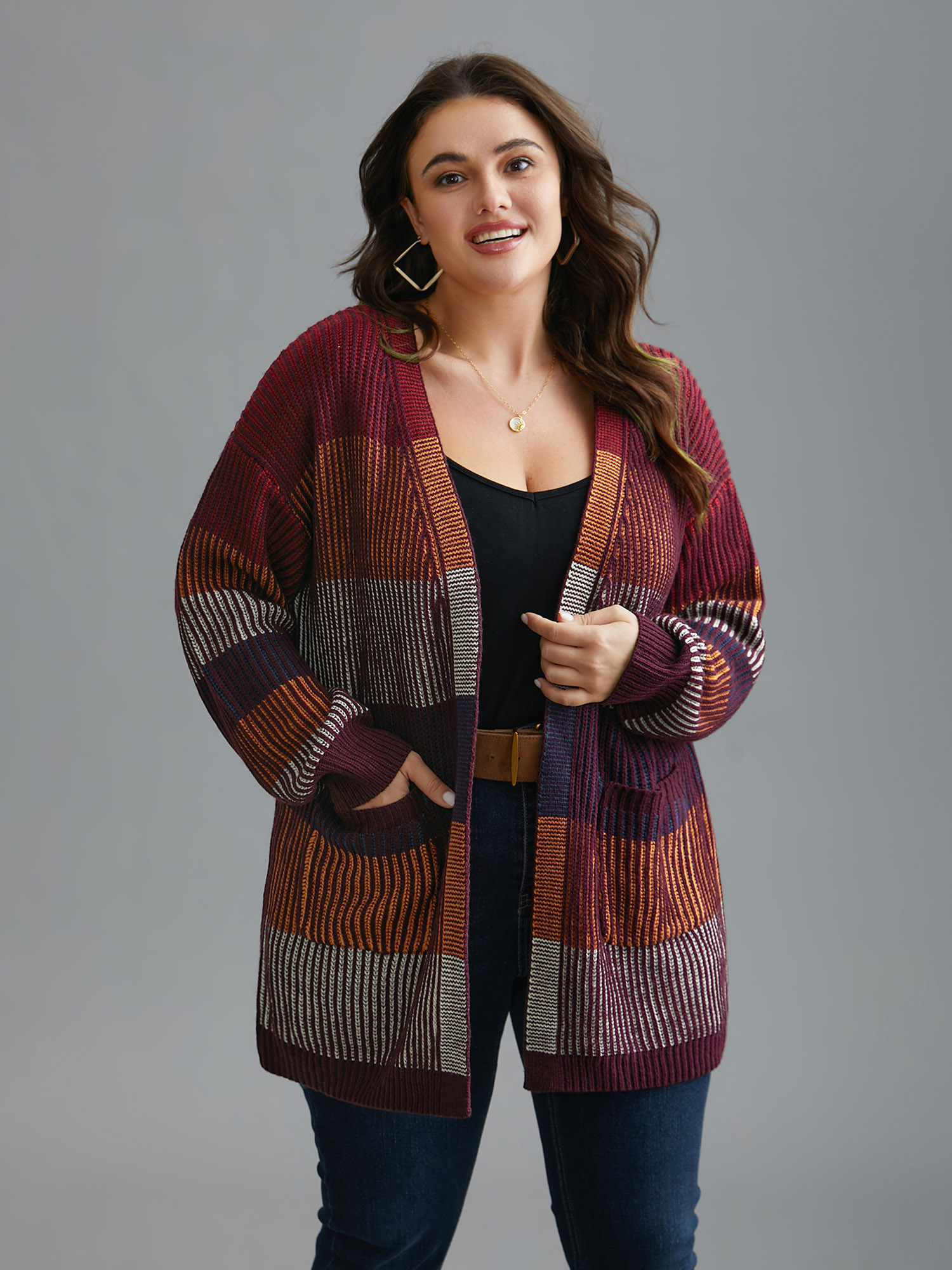 Plus Size Front-Open Color Block Knit Cardigan Multicolor Women Casual Loose Long Sleeve Everyday Cardigans BloomChic 30/6X 