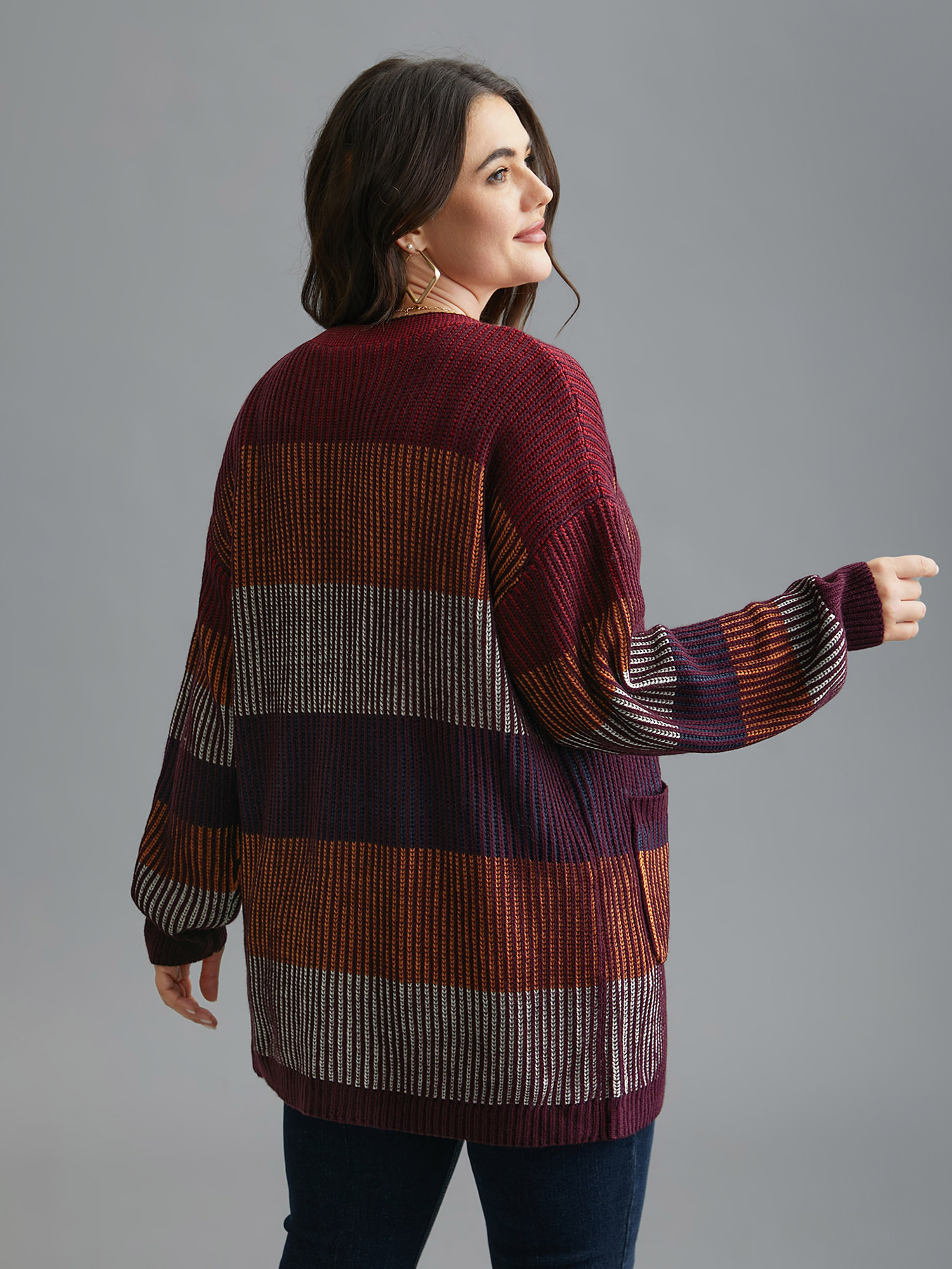 Plus Size Front-Open Color Block Knit Cardigan Multicolor Women Casual Loose Long Sleeve Everyday Cardigans BloomChic 30/6X 