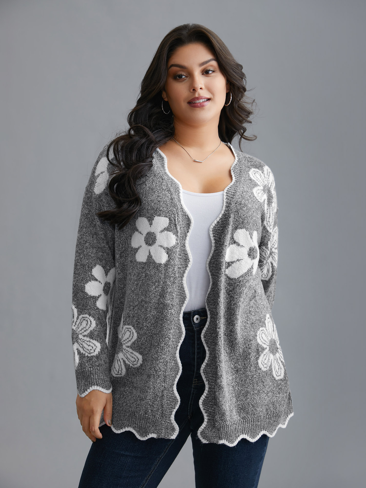 

Plus Size Floral Pattern Open-Front Knitted Cardigan DarkGray Women Casual Loose Long Sleeve Everyday Cardigans BloomChic