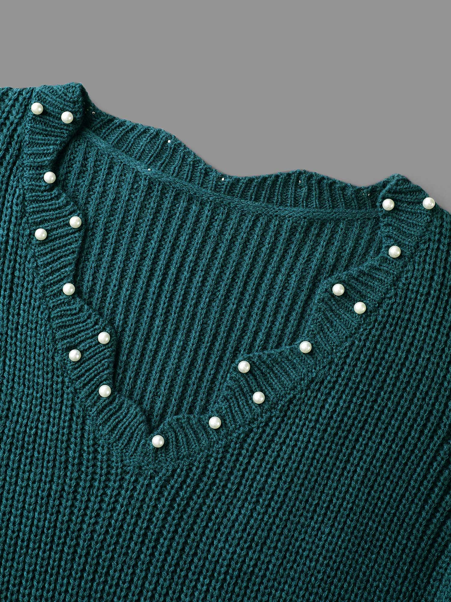 

Plus Size Wavy Neckline Pearl Waist-Defining Pullover Cyan Women Casual Bodycon Long Sleeve Lace collar Everyday Pullovers BloomChic