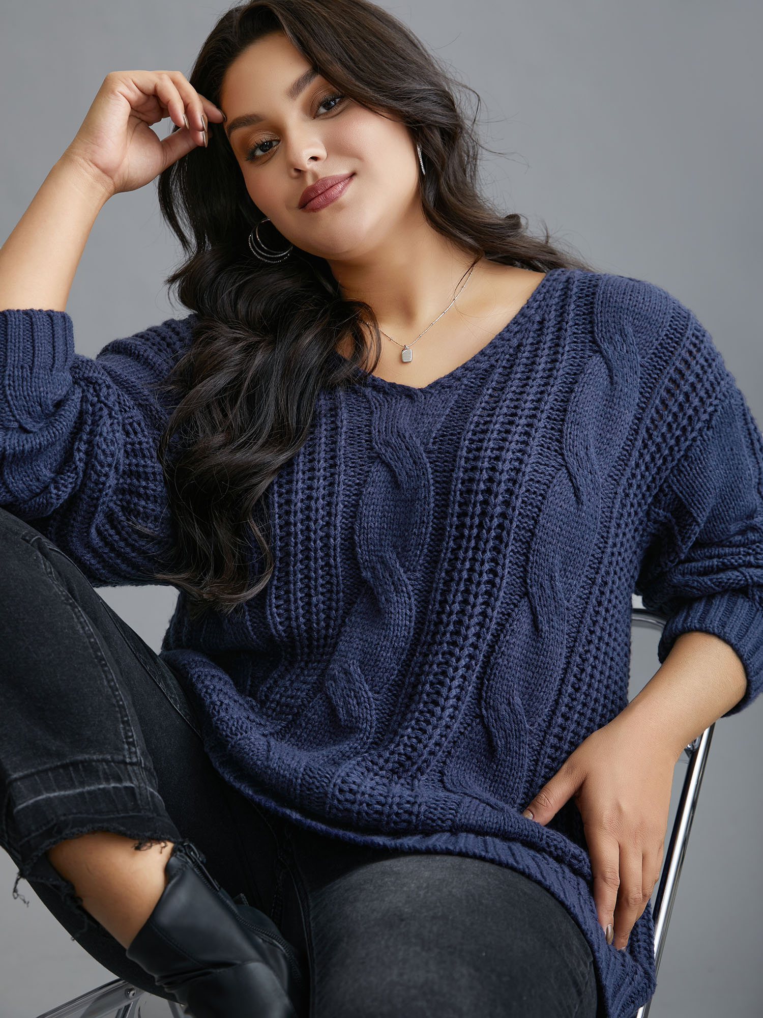 

Plus Size Cable Knit V-Neck Drop Shoulder Pullover Indigo Women Casual Loose Long Sleeve V-neck Everyday Pullovers BloomChic