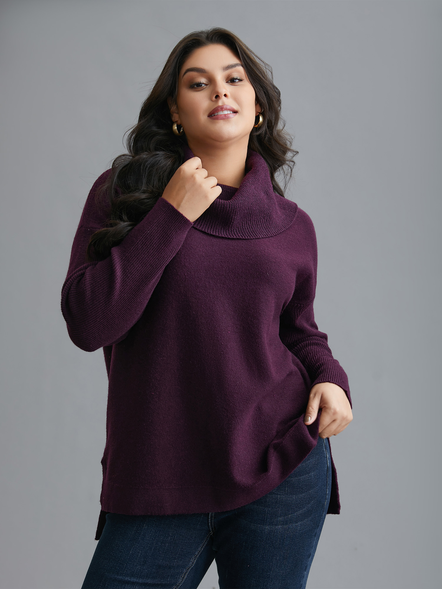 

Plus Size Supersoft Essentials Turtle Neck Asymmetrical Hem Slit Pullover Eggplant Women Casual Loose Long Sleeve Turtleneck Everyday Pullovers BloomChic