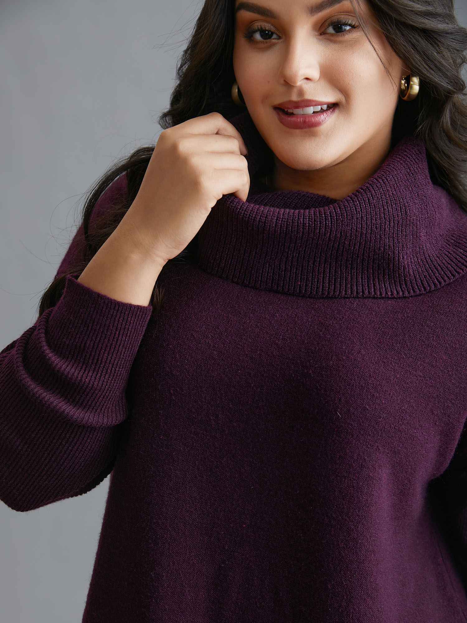 

Plus Size Supersoft Essentials Turtle Neck Asymmetrical Hem Slit Pullover Eggplant Women Casual Loose Long Sleeve Turtleneck Everyday Pullovers BloomChic