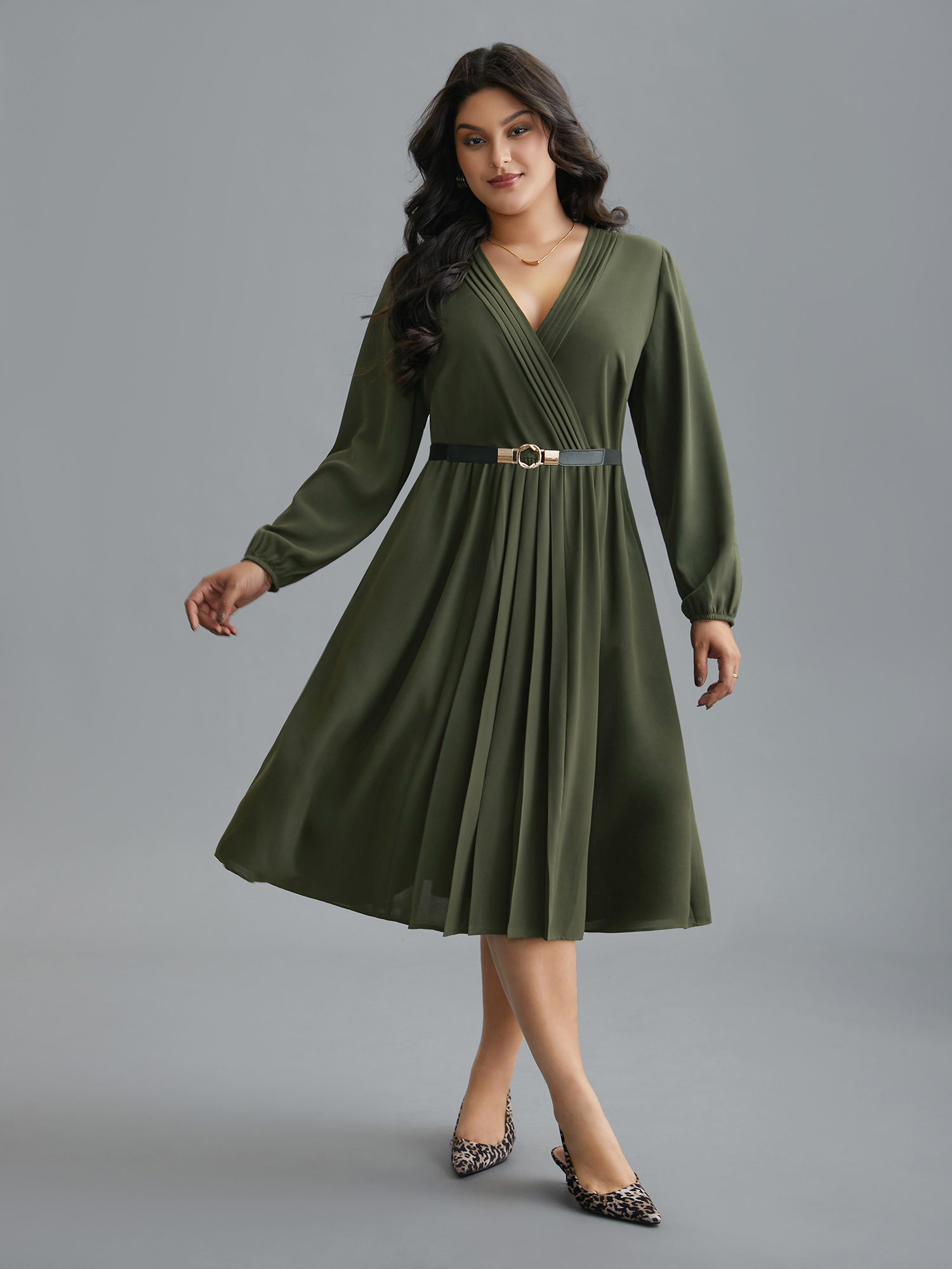 

Plus Size Surplice Neckline Elastic Waist Midi Dress ArmyGreen Women At the Office Tucked seam Overlap Collar Long Sleeve Curvy BloomChic