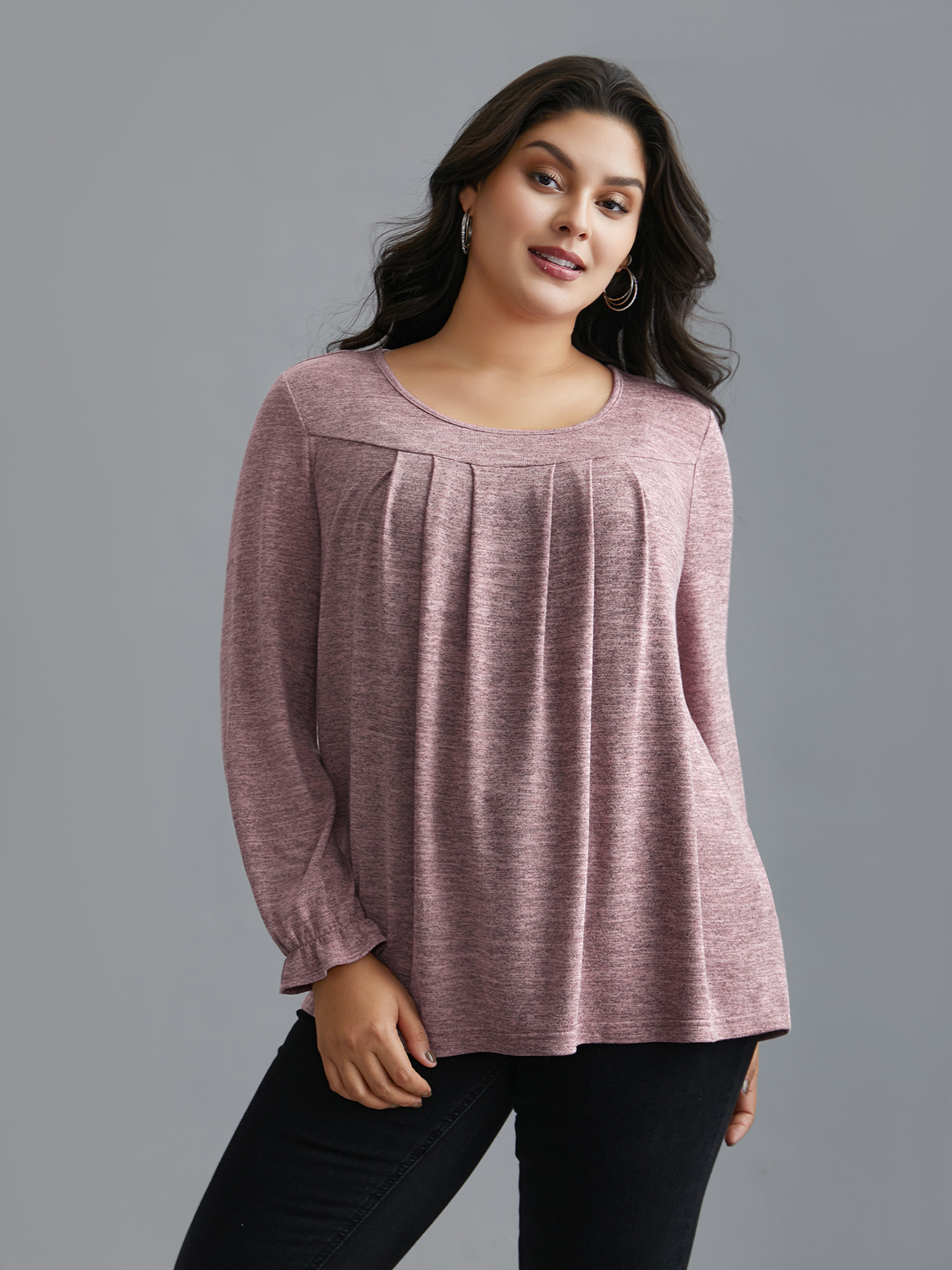 

Plus Size Round Neck Heather Pleated T-shirt Blush Women Elegant Pleated Round Neck Loose Everyday T-shirts BloomChic