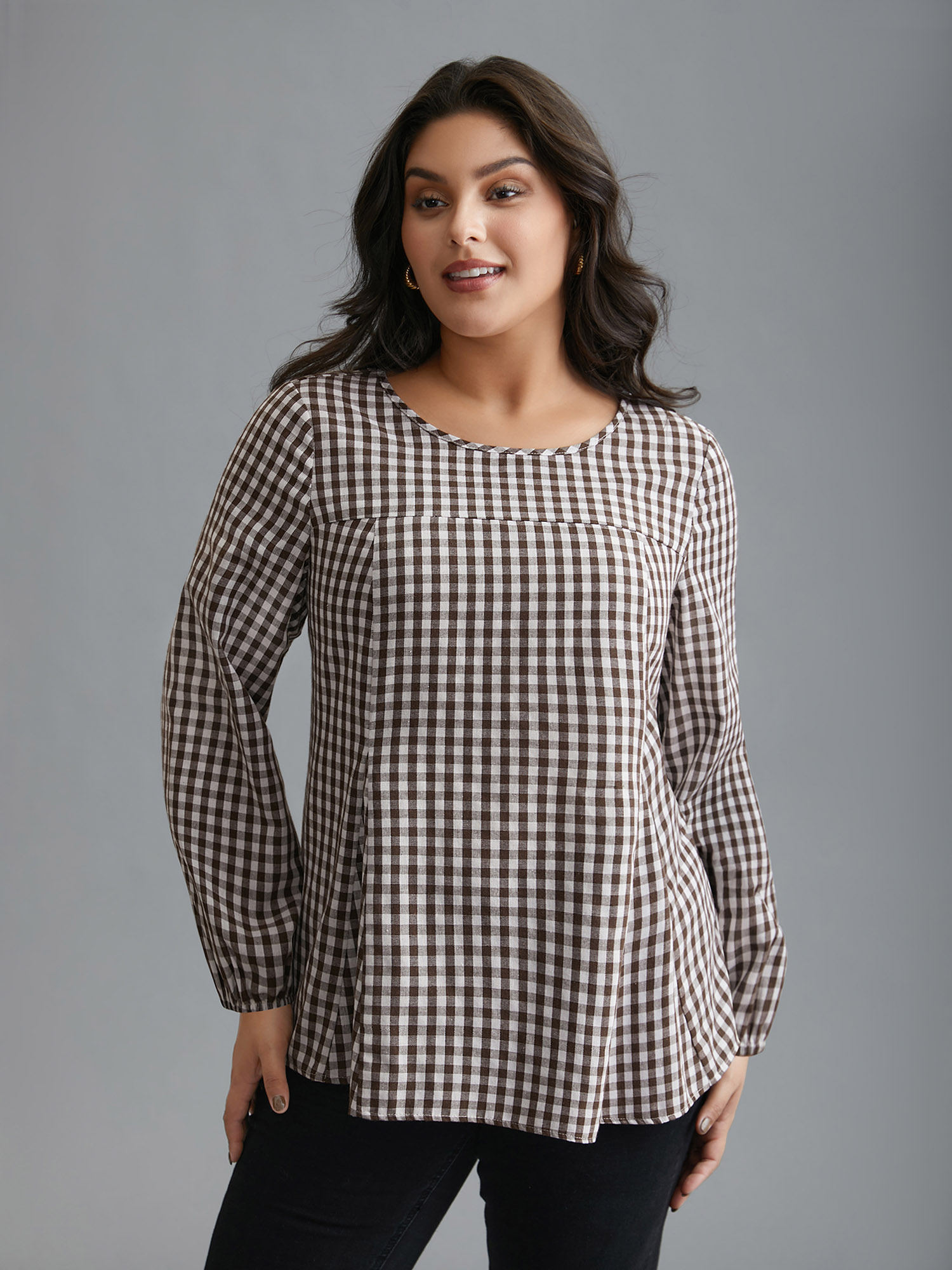 

Plus Size DarkBrown Gingham Elastic Cuff Round Neck Shirt Women Elegant Long Sleeve Round Neck Everyday Blouses BloomChic