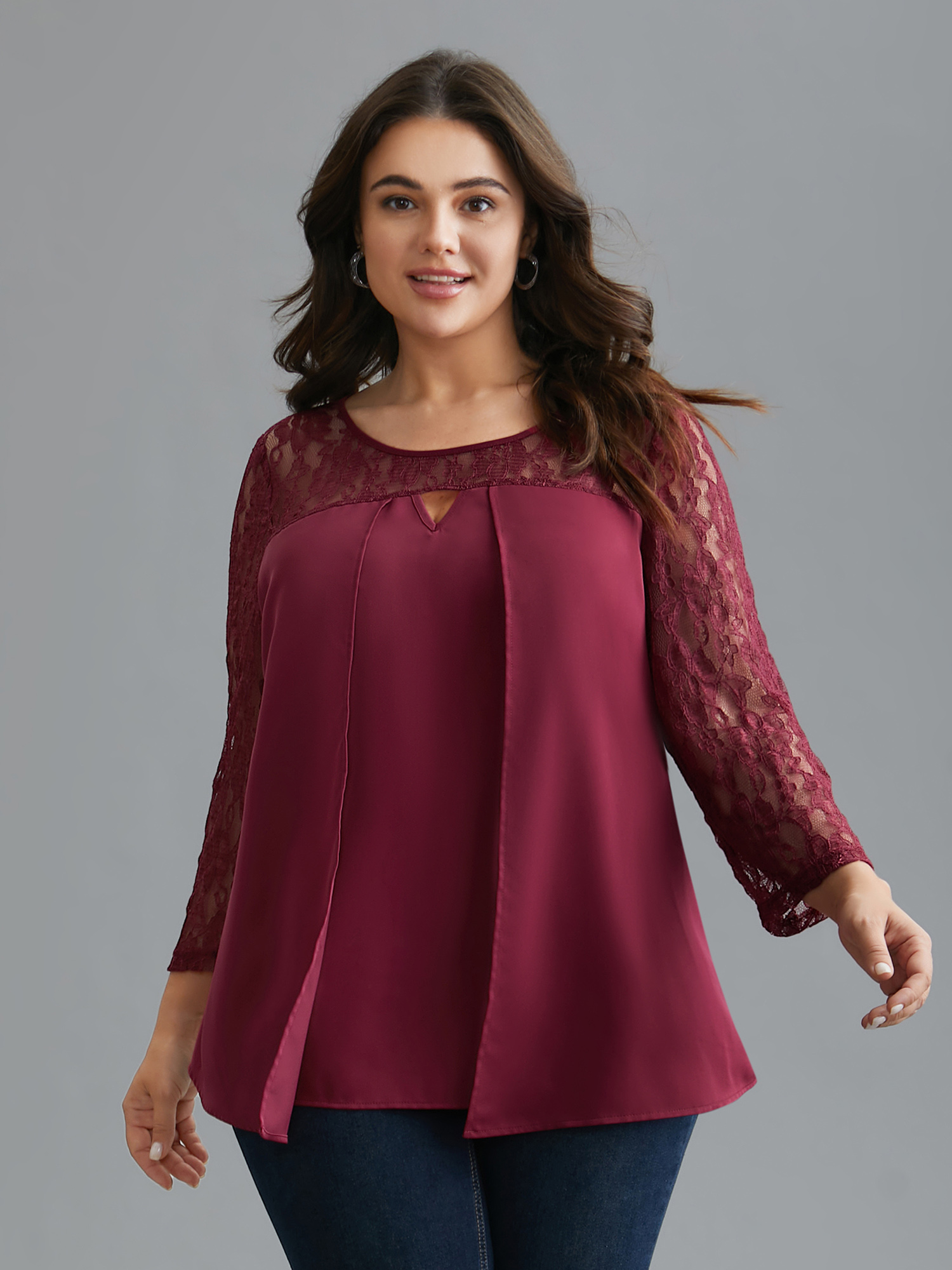 

Plus Size RedViolet Sheer Lace Sleeve Neck Cut-Out Shirt Women Elegant Three Quater Length Sleeve Round Neck Everyday Blouses BloomChic