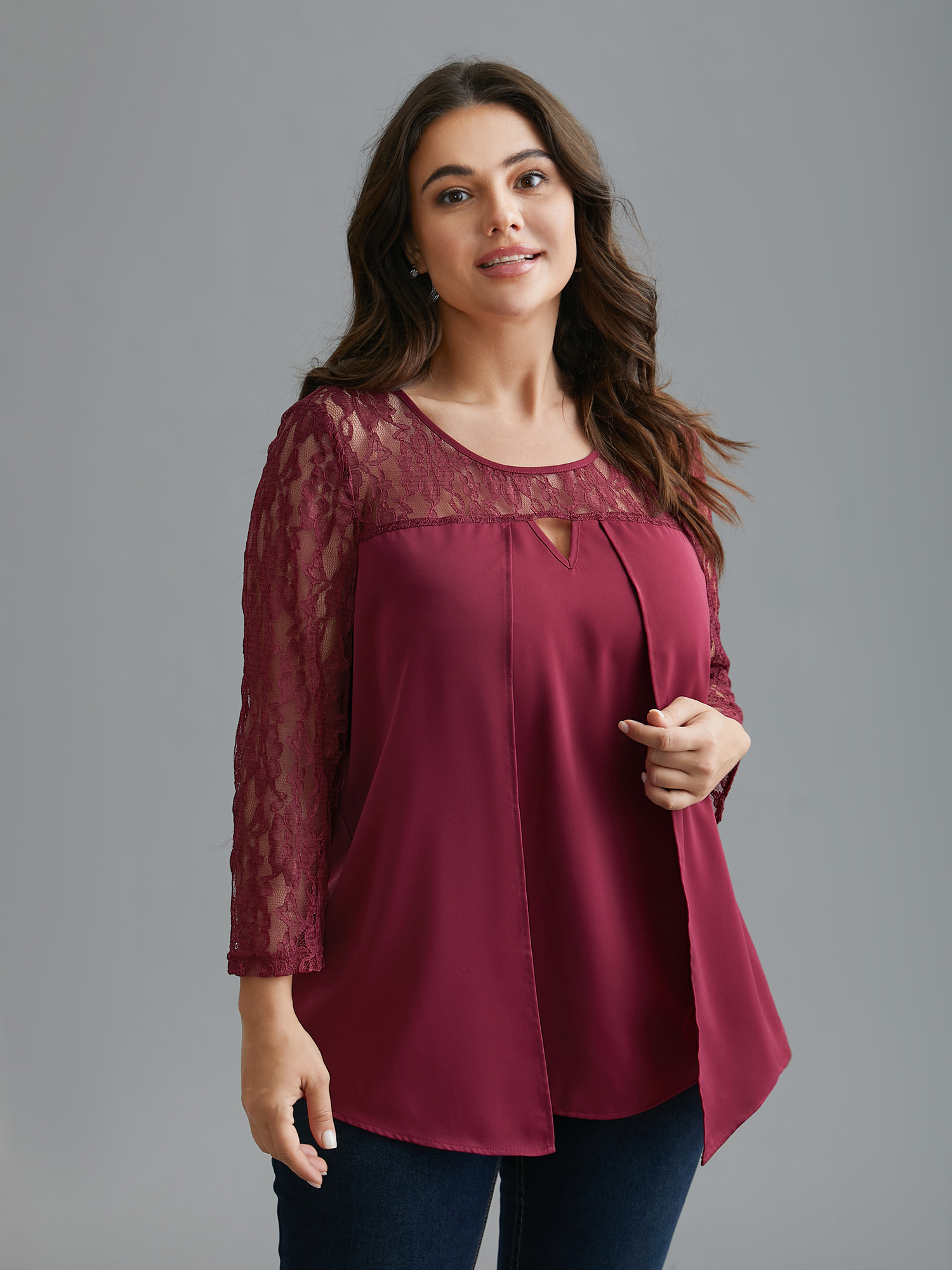 

Plus Size RedViolet Sheer Lace Sleeve Neck Cut-Out Shirt Women Elegant Three Quater Length Sleeve Round Neck Everyday Blouses BloomChic