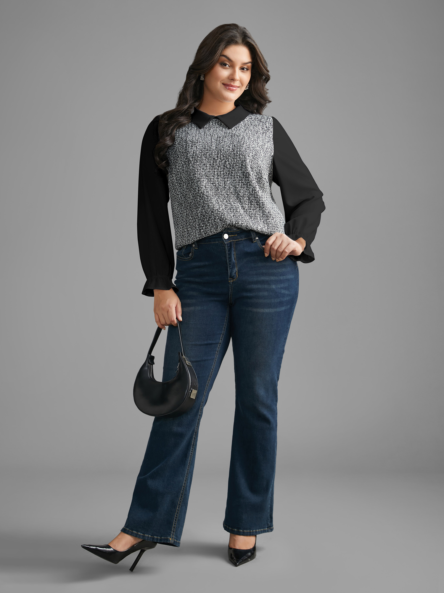 Plus Size Multicolor Tweed Patchwork Lantern Sleeve Blouse Women At the Office Long Sleeve Shirt collar Work Blouses BloomChic 18-20/2X 