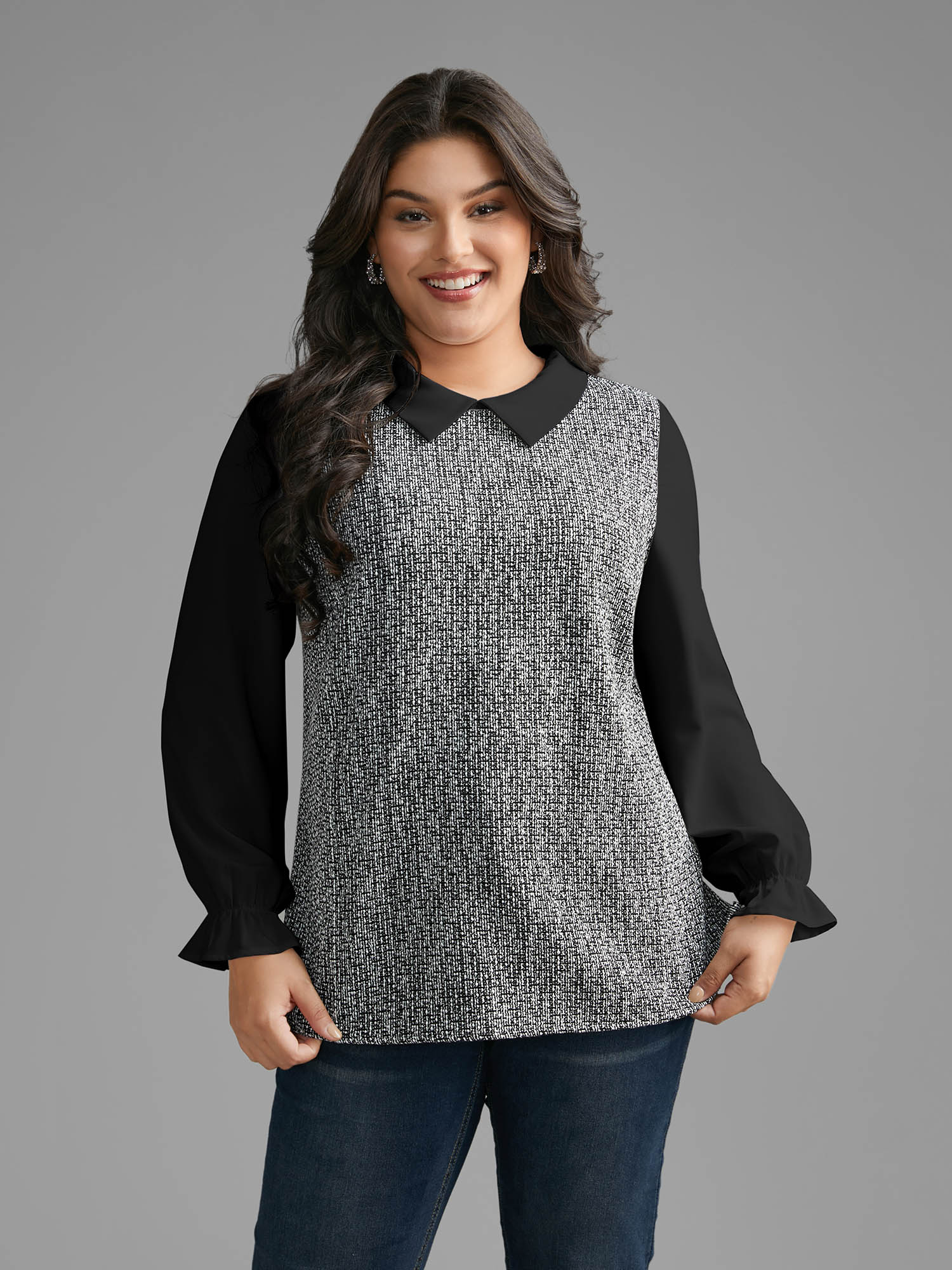 Plus Size Multicolor Tweed Patchwork Lantern Sleeve Blouse Women At the Office Long Sleeve Shirt collar Work Blouses BloomChic 18-20/2X 