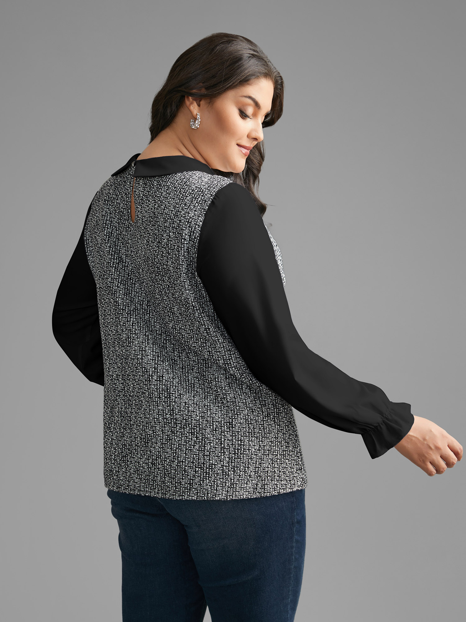 Plus Size Multicolor Tweed Patchwork Lantern Sleeve Blouse Women At the Office Long Sleeve Shirt collar Work Blouses BloomChic 18-20/2X 