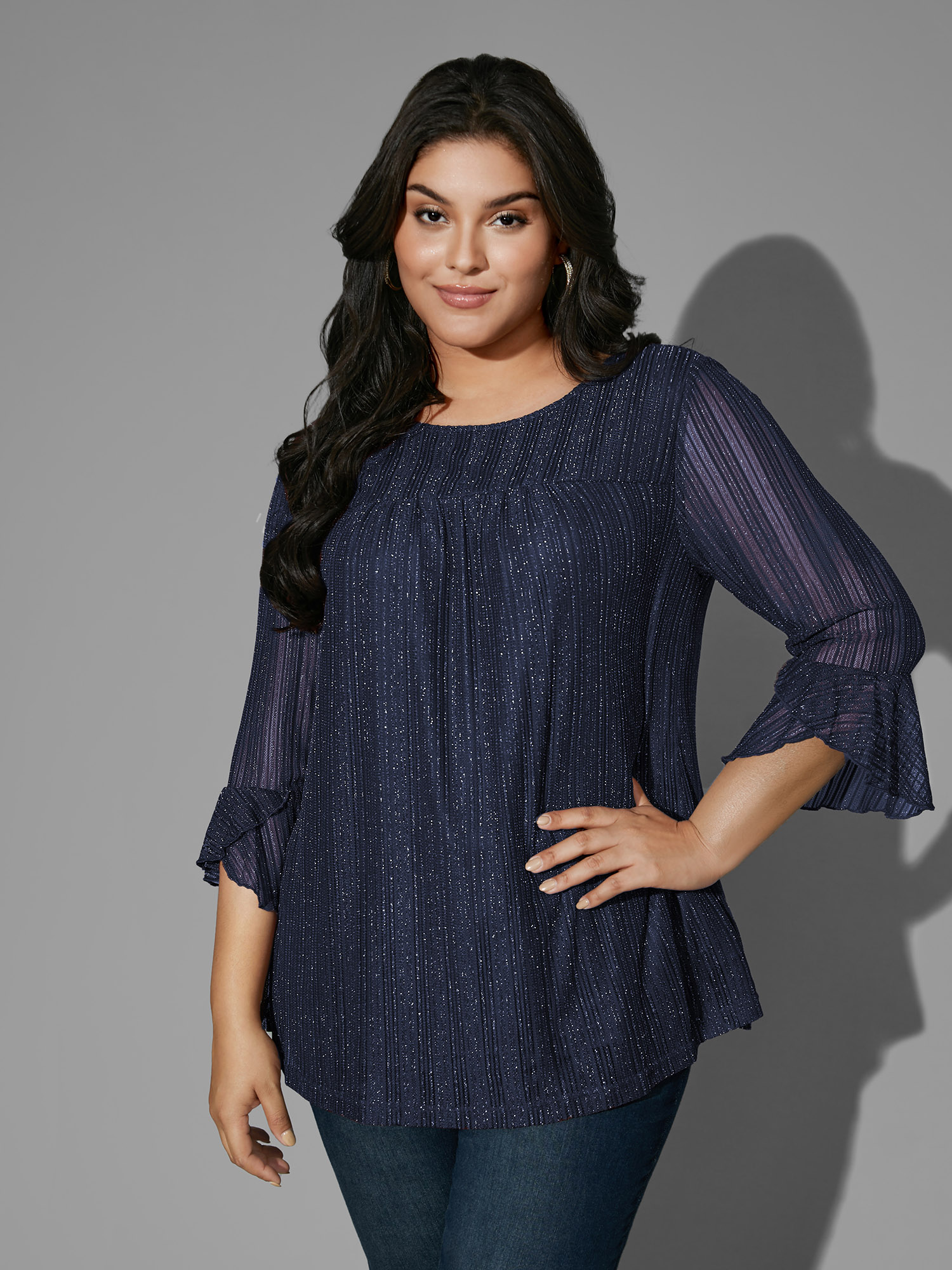 

Plus Size Glitter Gathered Patchwork Ruffles Top Indigo Square Neck Elbow-length sleeve Cocktail Jersey Tops