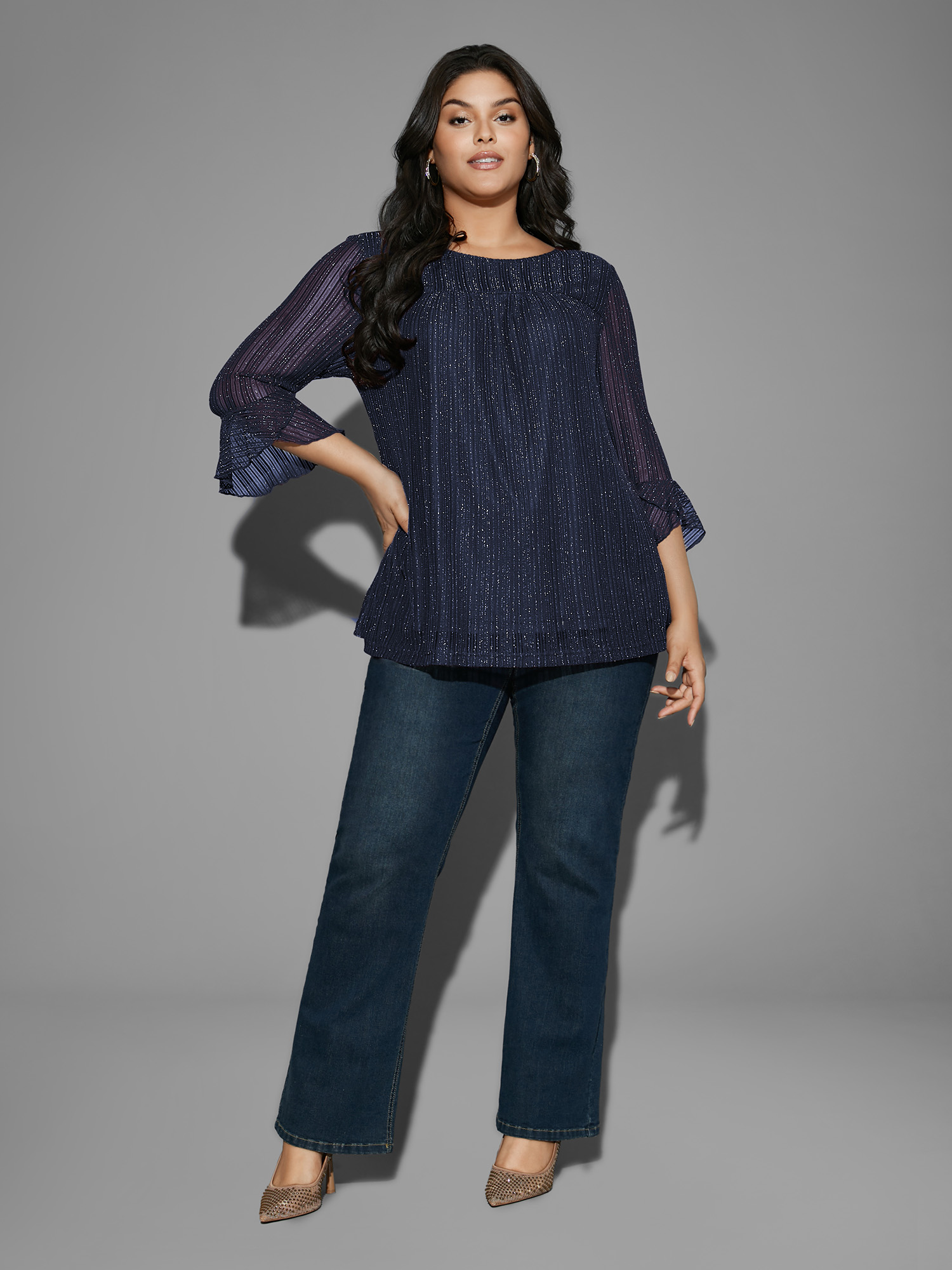 

Plus Size Glitter Gathered Patchwork Ruffles Top Indigo Square Neck Elbow-length sleeve Cocktail Jersey Tops