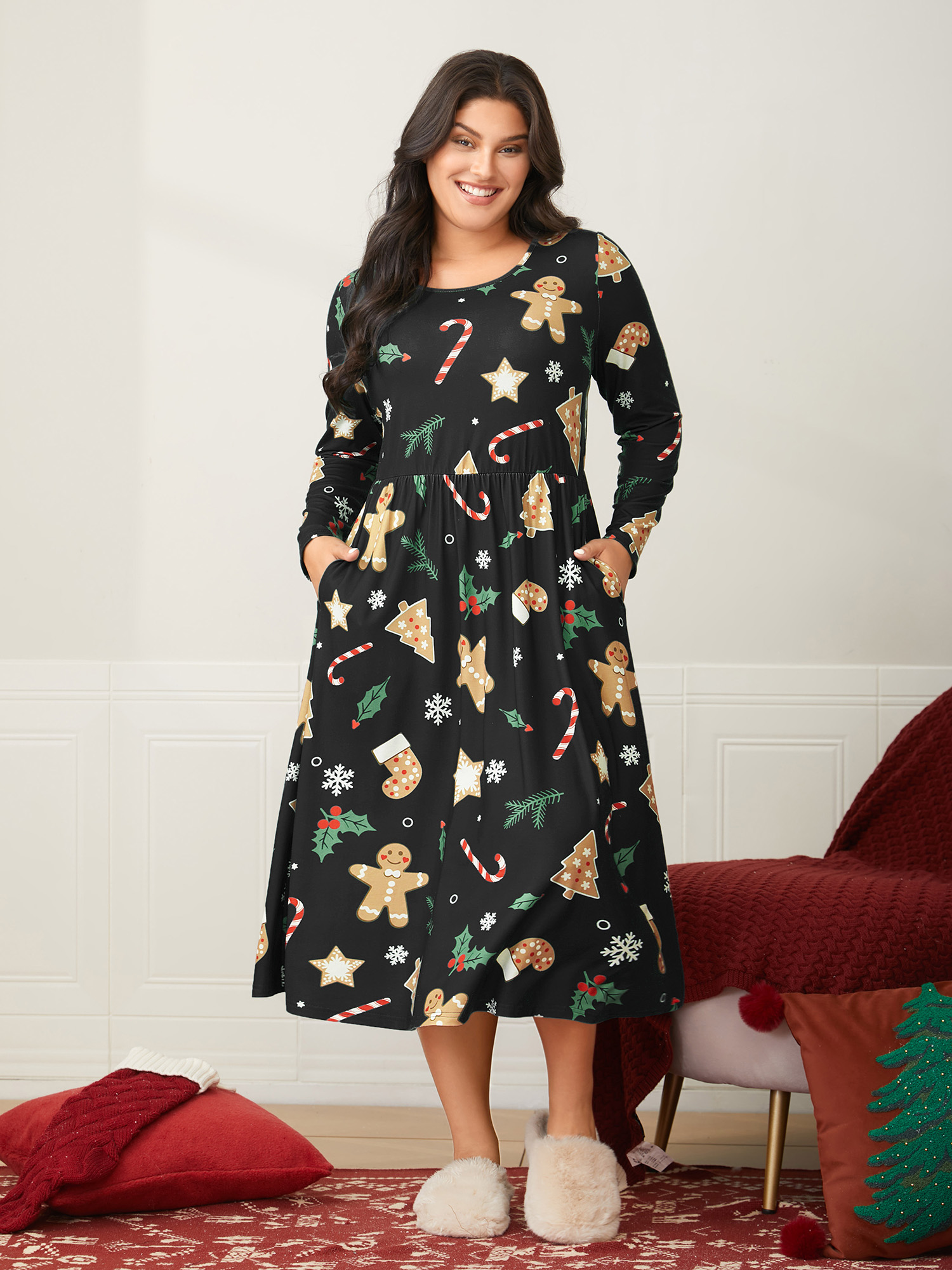 

Plus Size Gingerbread CandyCane Lounge Midi Dress Black  Bloomchic