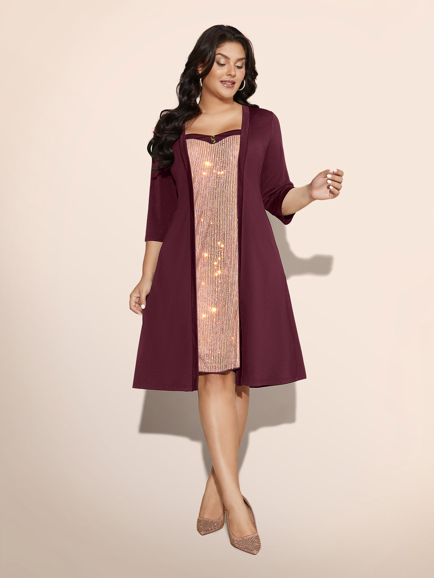 

Plus Size Heart Neckline Patchwork Sequin Button Detail Dress Plum Women Cocktail Texture Party Curvy Bloomchic