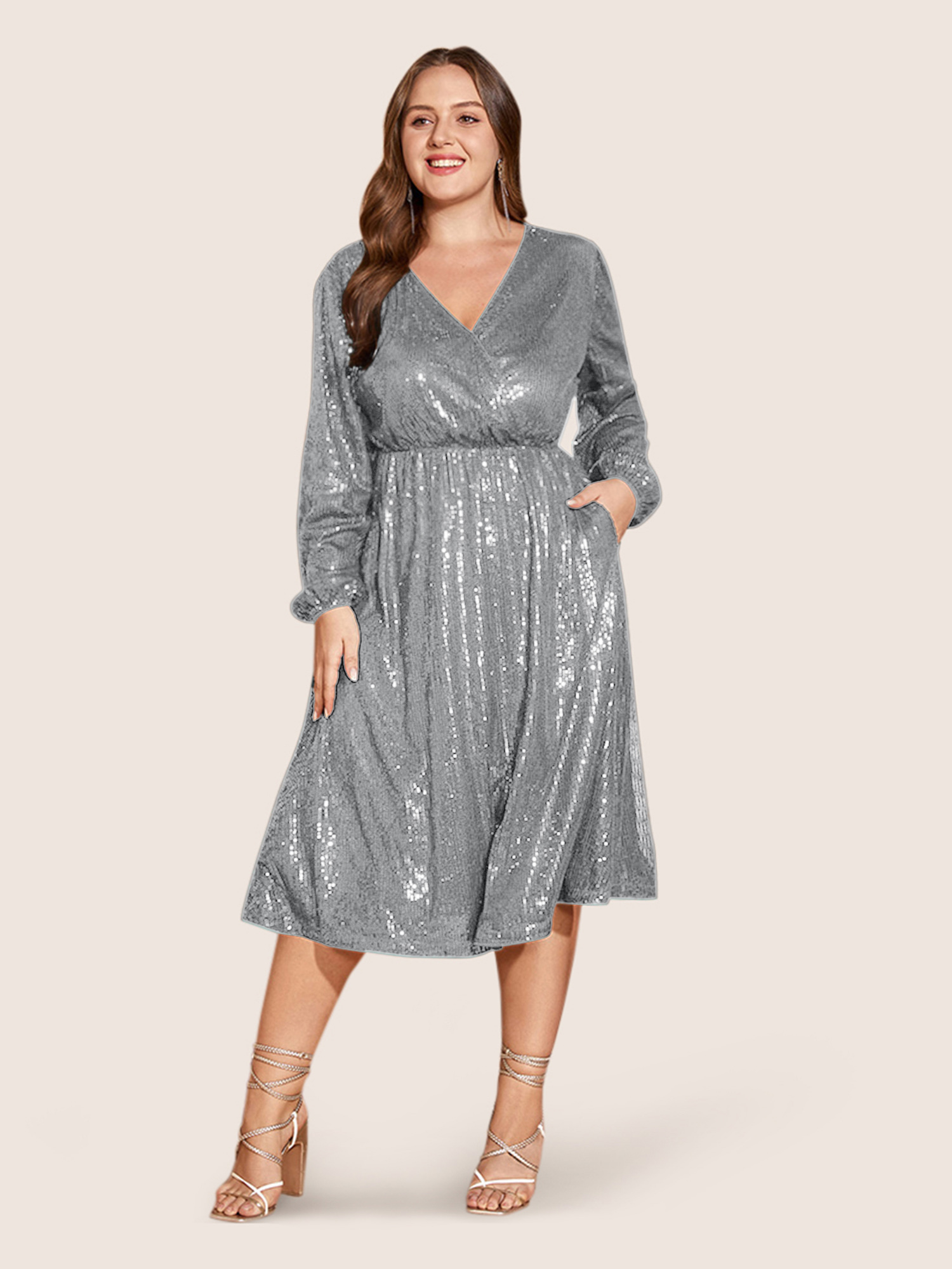 

Plus Size Solid Pocket Lantern Sleeve Wrap Sequin Dress LightGray Women Party Pocket Overlap Collar Long Sleeve Curvy Midi Dress BloomChic