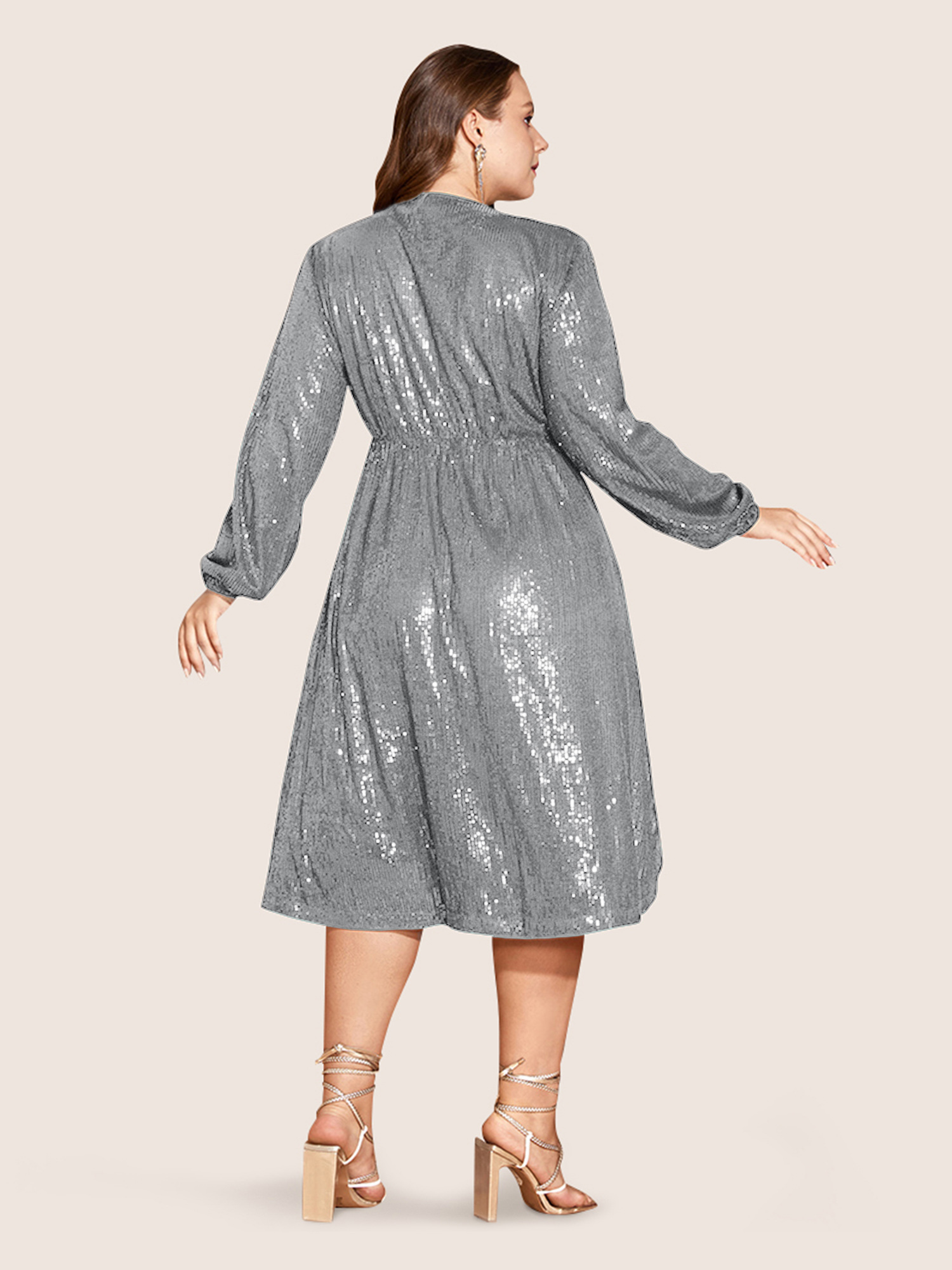 

Plus Size Solid Pocket Lantern Sleeve Wrap Sequin Dress LightGray Women Party Pocket Overlap Collar Long Sleeve Curvy Midi Dress BloomChic