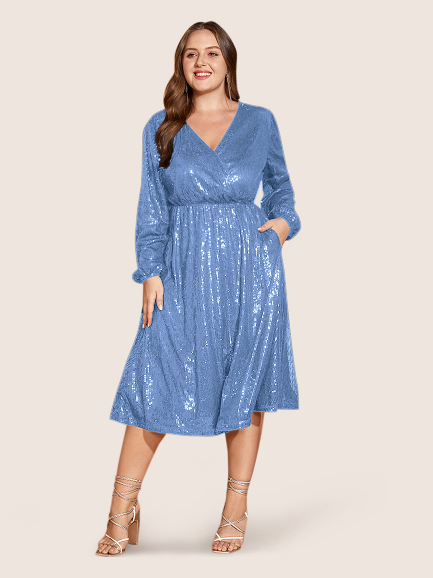 

Plus Size Solid Pocket Lantern Sleeve Wrap Sequin Dress Skyblue Women Party Pocket Overlap Collar Long Sleeve Curvy Midi Dress BloomChic