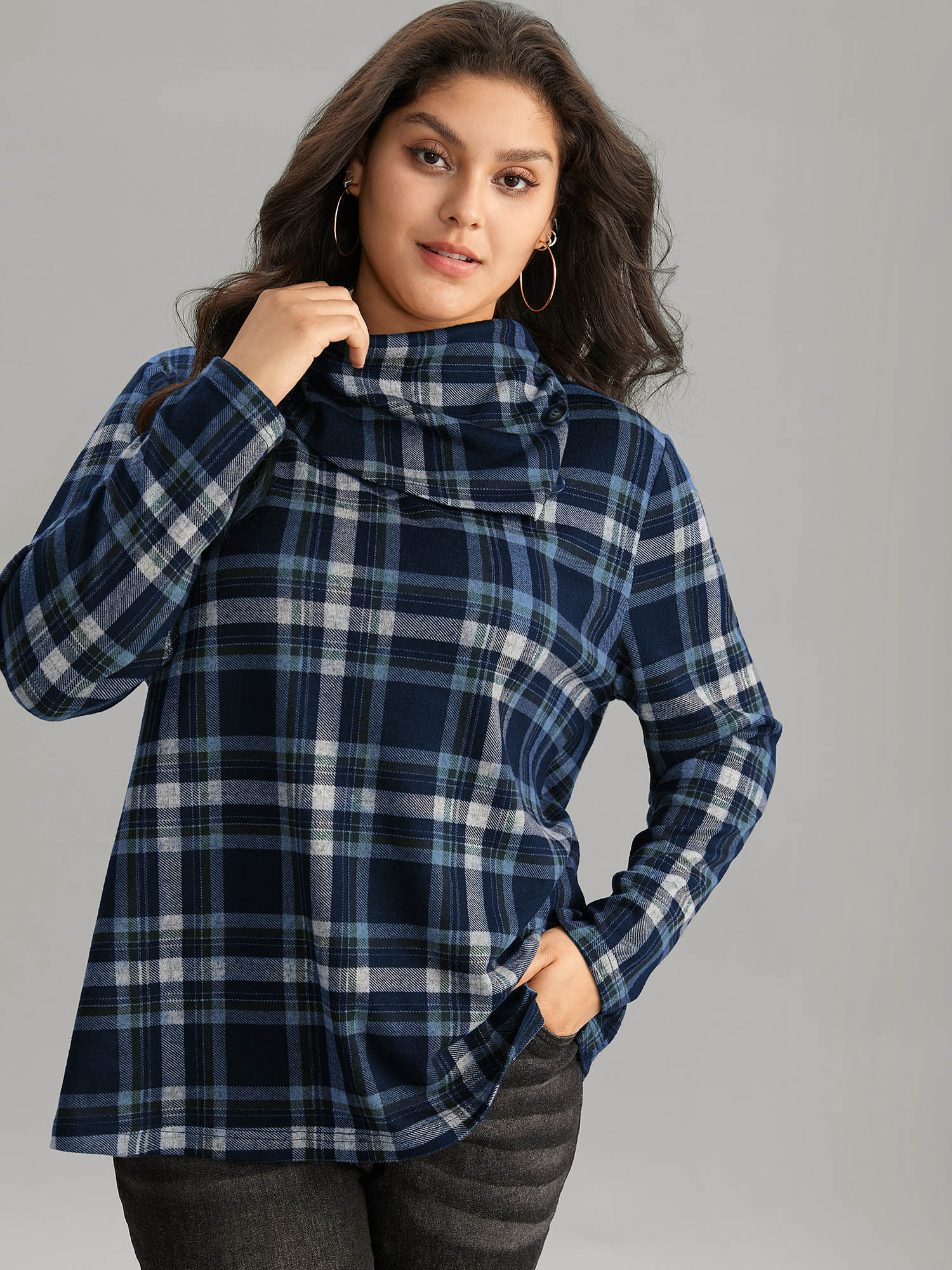 

Plus Size Plaid Funnel Neck Button Detail T-shirt Midnight Ruffled collar Long Sleeve Casual Jersey Tops