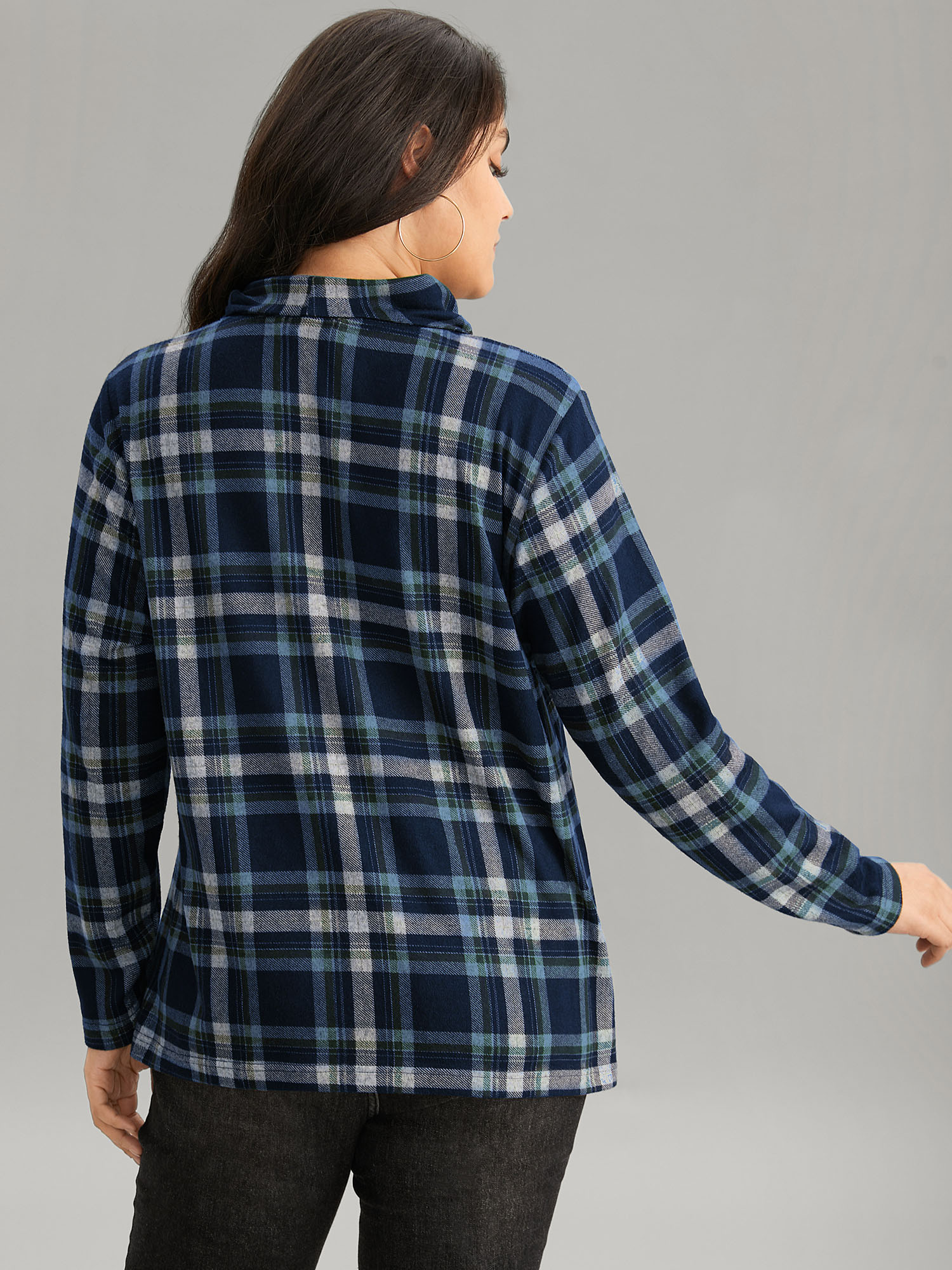 

Plus Size Plaid Funnel Neck Button Detail T-shirt Midnight Ruffled collar Long Sleeve Casual Jersey Tops