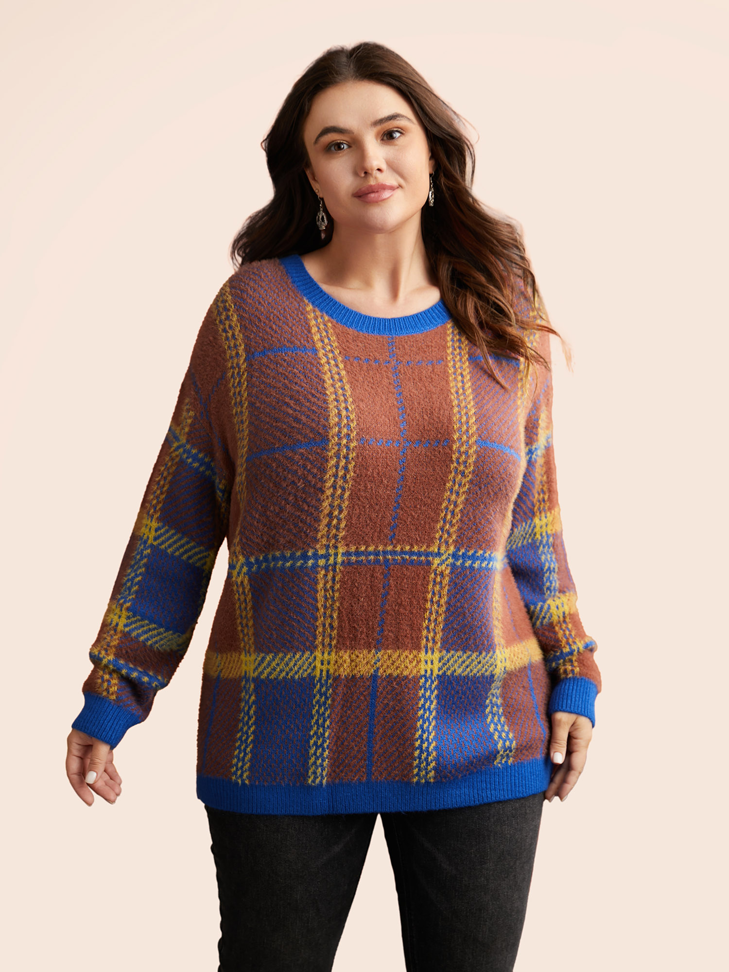 BloomChic Women's Plus Size Plaid Texture Crew Neck Pullover Navy Halloween Long Sleeve 10/M
