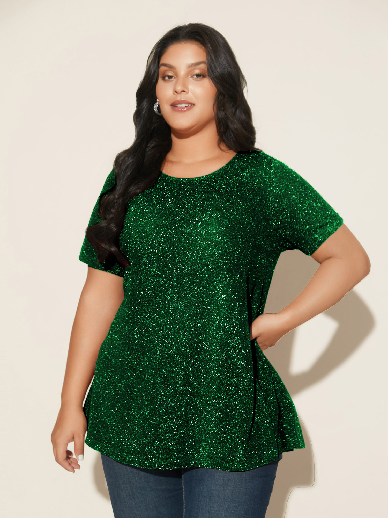 

Plus Size Shimmering Gold & Silver Thread A-Line Tee DarkGreen Women Casual Non Round Neck Loose Everyday T-shirts BloomChic