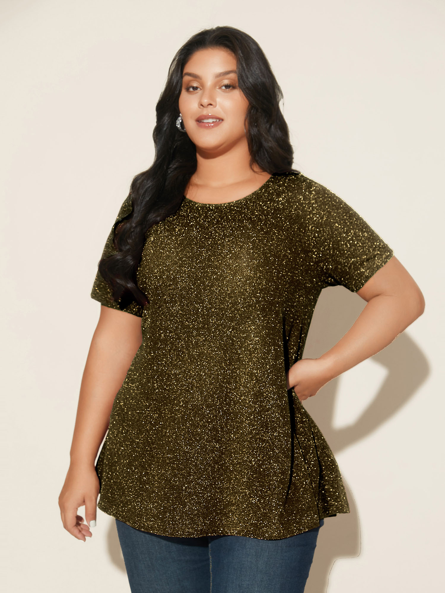 

Plus Size Shimmering Gold & Silver Thread A-Line Tee Gold Women Casual Non Round Neck Loose Everyday T-shirts BloomChic